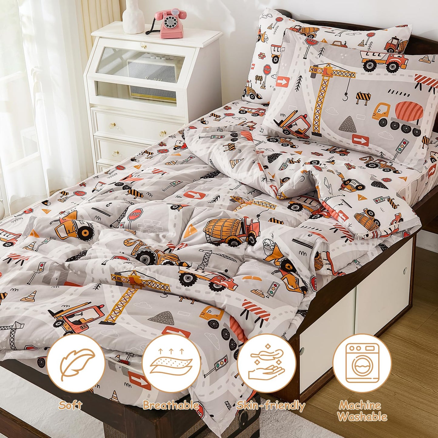 DJY Zipper Bedding Set Twin, Cars Bedding Sets for Boys, Kids Construction Comforter Set with Fitted Sheet Pillowcases, All in One Zipper Bed Set for All Seasons