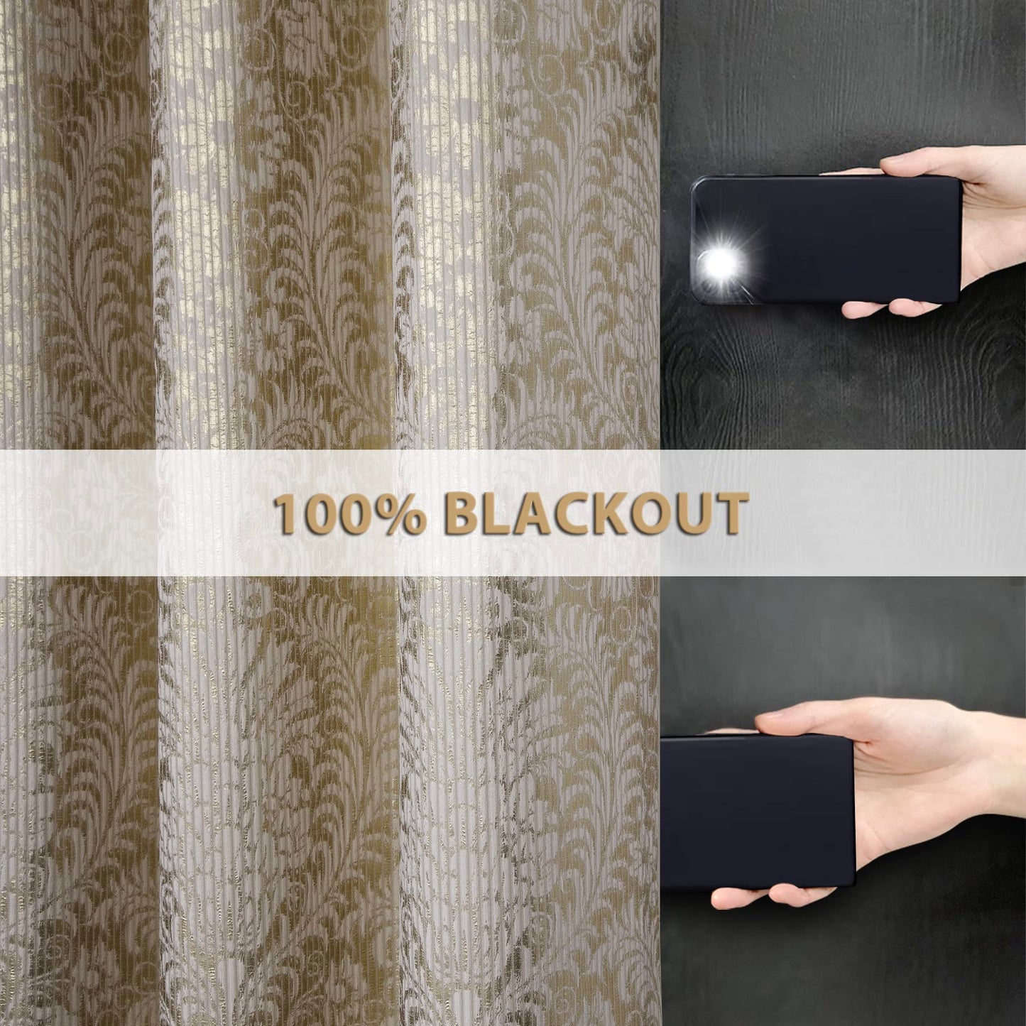 always4u 100% Blackout Damask Foil Print Natural and Gold Ridged Velvet Curtains 84 Inches Long Drapes 2 Panels Shiny Metallic Window 54 * 84 Inches