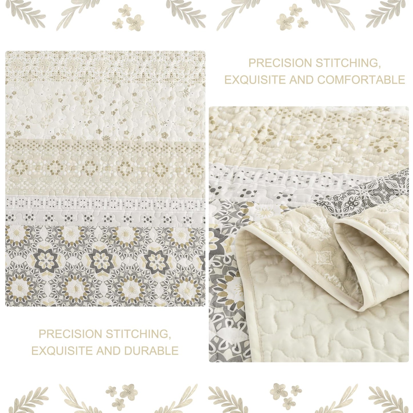 WONGS BEDDING Boho Quilt Set Queen Size,Beige Bohemian Striped Patchwork Bedspread Set,3 Pieces Microfiber Bedding Set for All Seasons (96"x90")