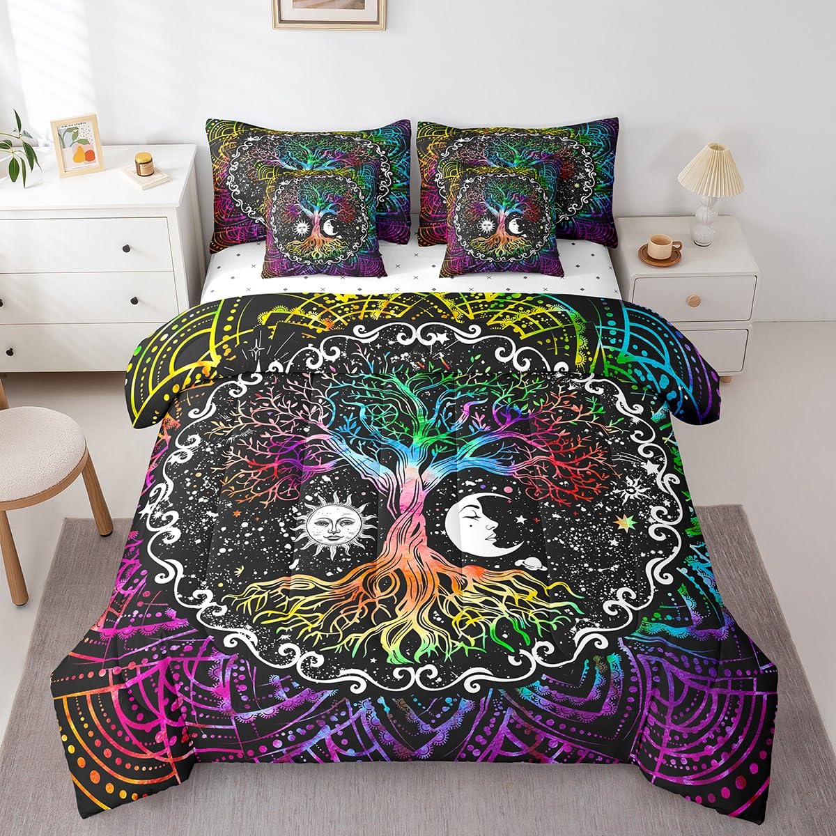 Erosebridal 7 Pcs Tree of Life Comforter Set Twin Size,Sun and Moon Bed in a Bag with Flat Fitted Sheet for Kids and Adults,Boho Mandala Flower Galaxy Bedding Set with Pillowcases and Cushion Cases