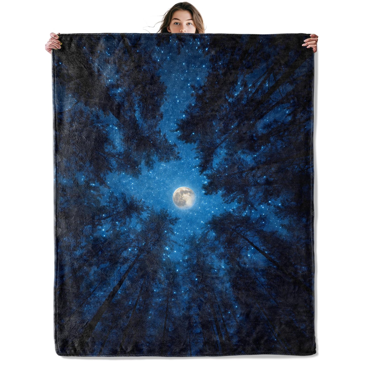 SOMEKLLY Moon Throw Blanket Soft Cozy Lightweight Flannel Blankets with Starry Night Sky and Forest Silhouette Blue Background for Nature Lovers Bedroom Dorm Office Home Decor Gifts 50x60 Inch