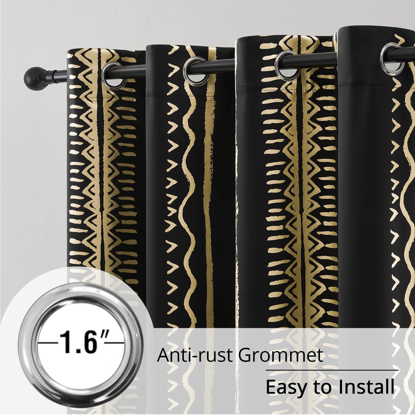 BOHOMOCASA Black and Gold Curtains, 100% Blackout, Boho Metallica Gold Foil Pattern – Thermal Insulated, Noise Reducing, Grommet Top, Set of 2 Panels, 52 x 96 Inch, Bohemian Design
