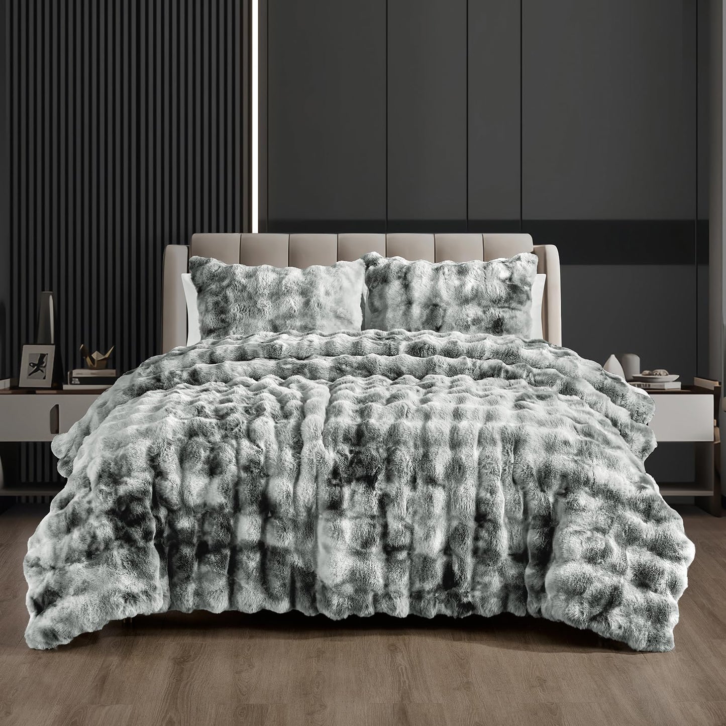 Fredsure Faux Rabbit Fur Comforter Set, 3 Pieces Tie Dye Grey Queen, Faux Rabbit Fur Face and Microfiber Reverse