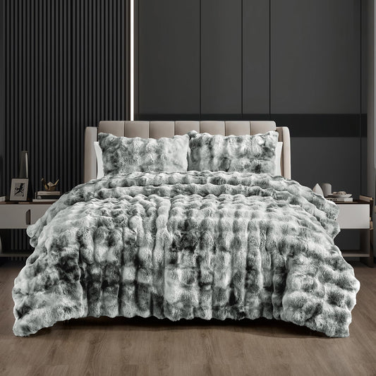 Fredsure Faux Rabbit Fur Comforter Set, 3 Pieces Tie Dye Grey Queen, Faux Rabbit Fur Face and Microfiber Reverse