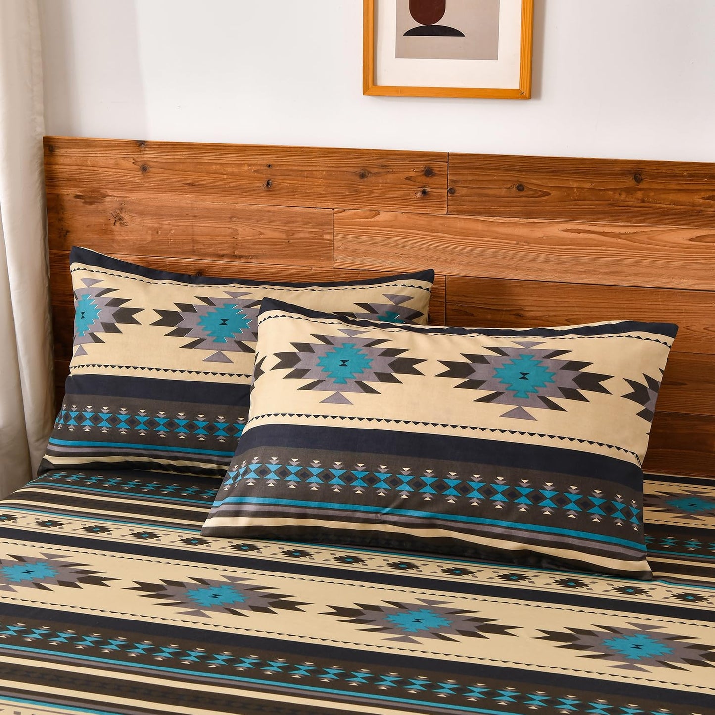 Chezmoi Collection Prescott 3-Piece Southwestern Microfiber Sheet Set, Printed Geometric Tribal Multicolor Teal Beige Black Gray Bed Sheets, Twin XL Size