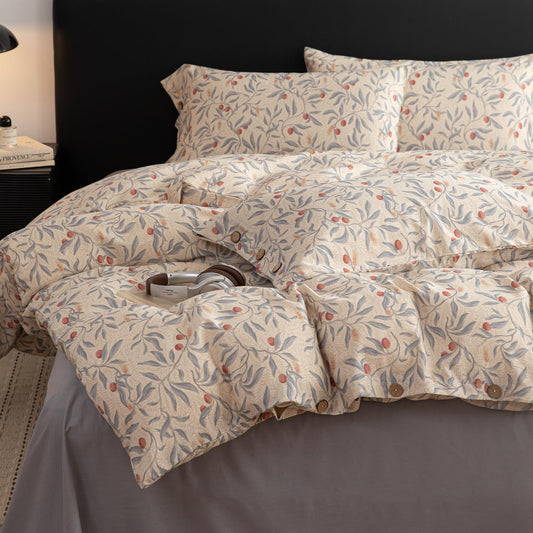 mixinni Cotton Linen Floral Duvet Cover Set King Size – Vintage Botanical Print Bedding with Wooden Button Closure, Soft Breathable Cotton Linen Blend Comforter Cover, Rustic Farmhouse Bedding 3pcs