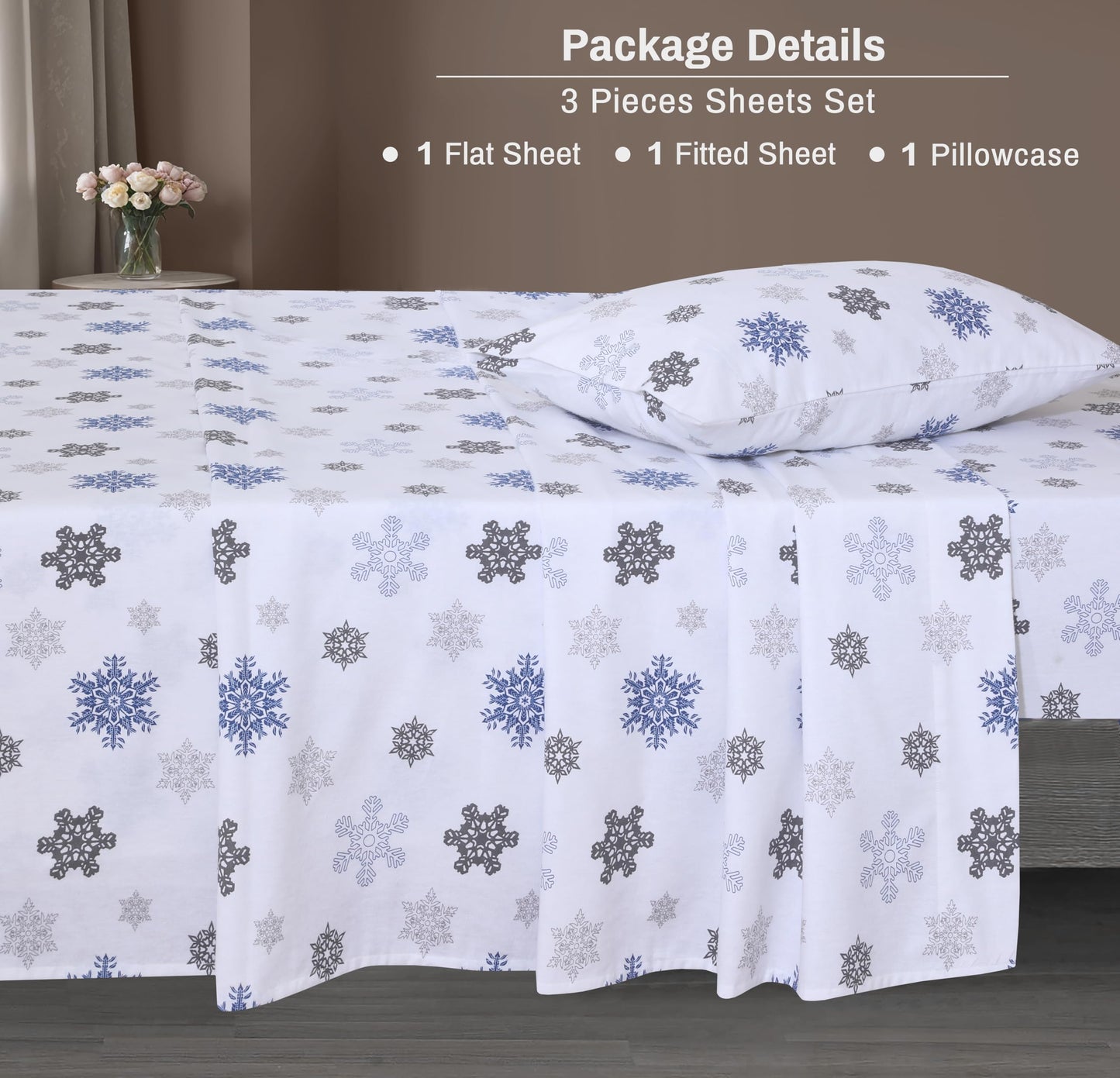 ZOYER Flannel Sheets Twin Size - 100% Cotton Double Brushed Twin Sheets Set, Deep Pockets 16 Inches, All Seasons Breathable & Extra Soft Bed Sheets, Warm & Cozy, 3 Piece, White Snow