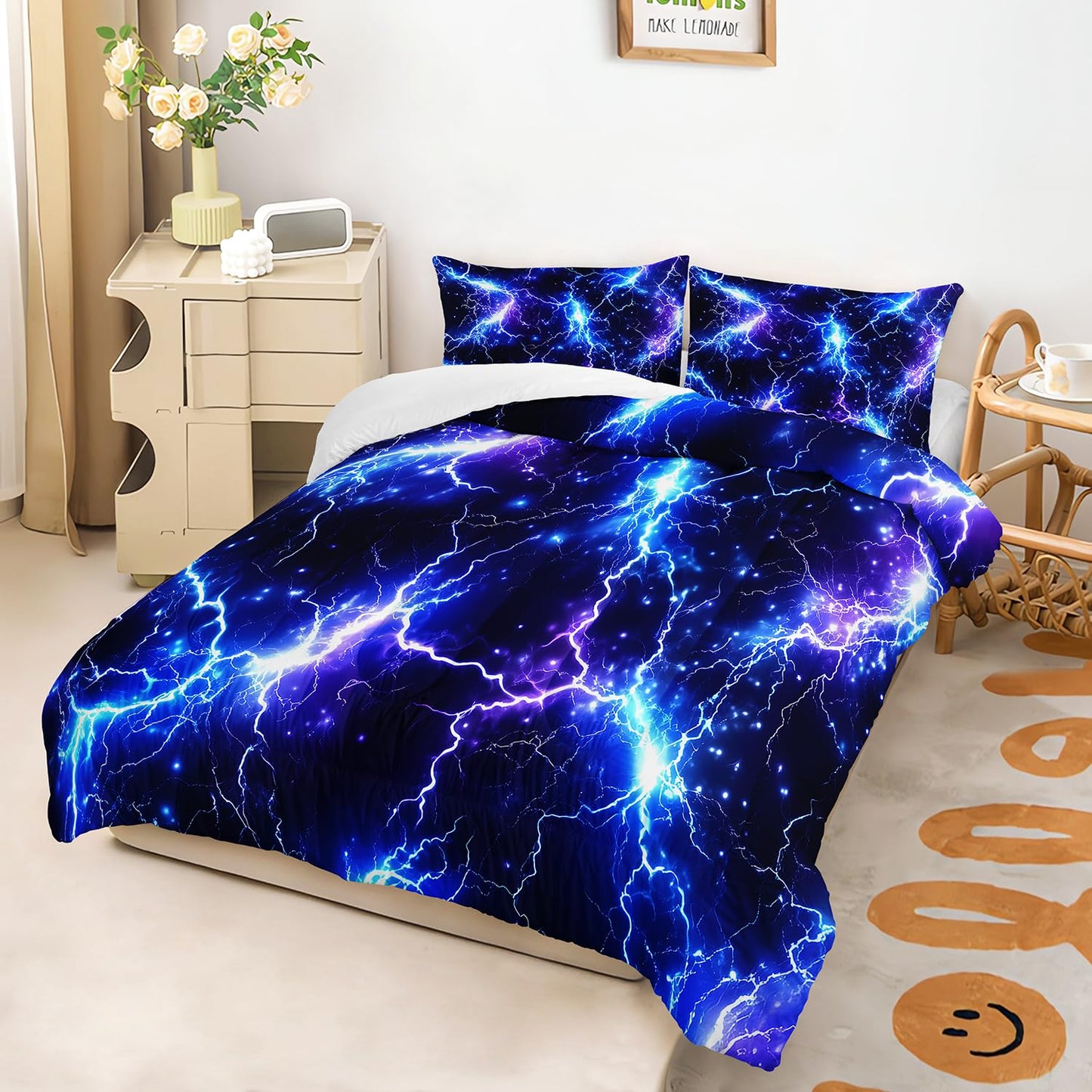 XYNHML Blue Lightning Printed Themed Comforter 3Pcs Twin Sky Natural Disaster Thunder Bedding Set for Kid Teen Girl Boy Adult Mysterious Thunderstorm Quilt Bed Decor with 1 Comforter & 2 Pillowcases