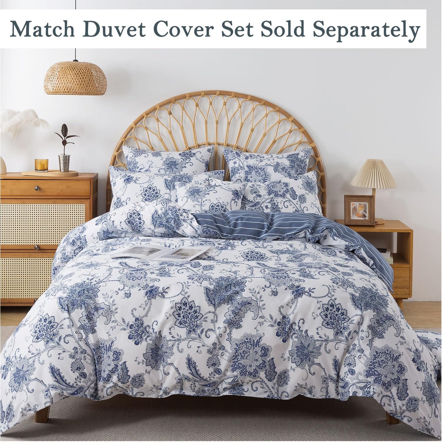 FADFAY King Sheets Set Percale Cotton Floral Bed Sheets Deep Pocket Fitted Sheet, Luxury Blue Floral Pattern Classic European Style Bedding for All Season, Super Soft Crisp & Breathe,4Pcs