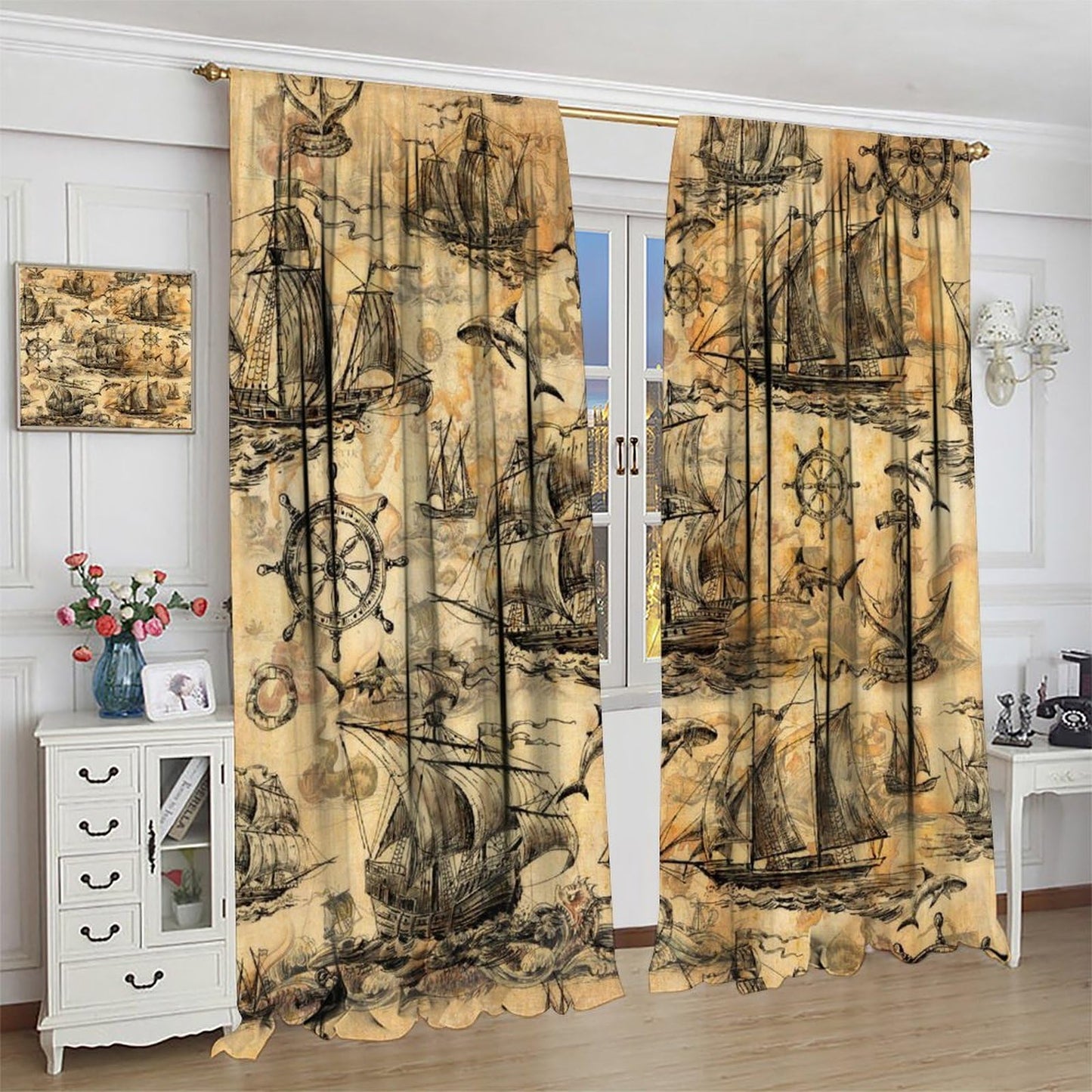 XBDDZSW Nautical Sailboat Map Curtains Sketch Pirate Ship Wheel Compass Starfish Coral Reef Nautical Map Pattern Print Window Drapes for Bedroom Living Room Kitchen Decor,2 Panel Set,42x45 Inch Decor