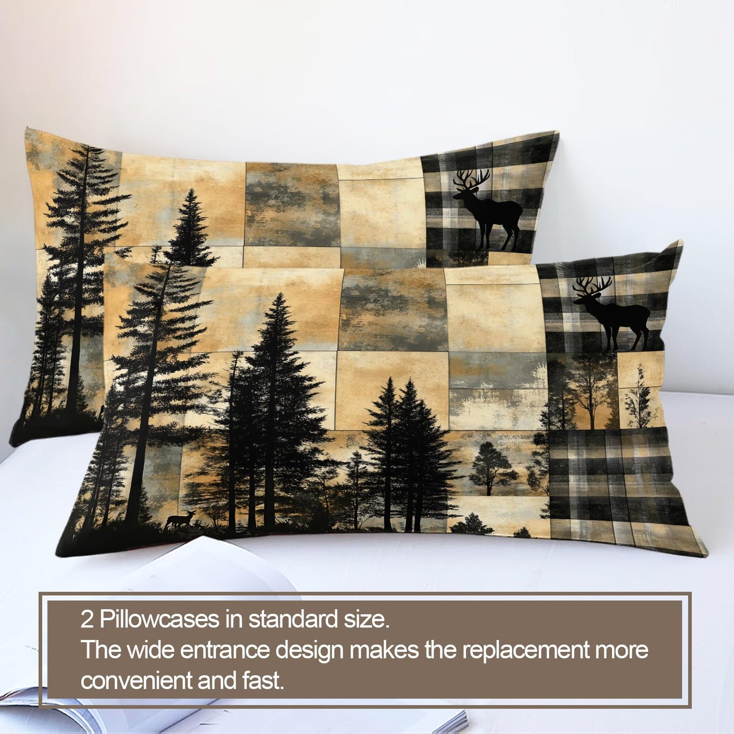 GKPLY Plaid Deer Forest Duvet Cover Queen - Rustic Wood Bedding Set & Bedroom Decor - Cabin Wildlife Comforter Set - Zipper & Ties, Reversible Print - Patchwork Bedding Duvet Cover & 2 Pillow Cases