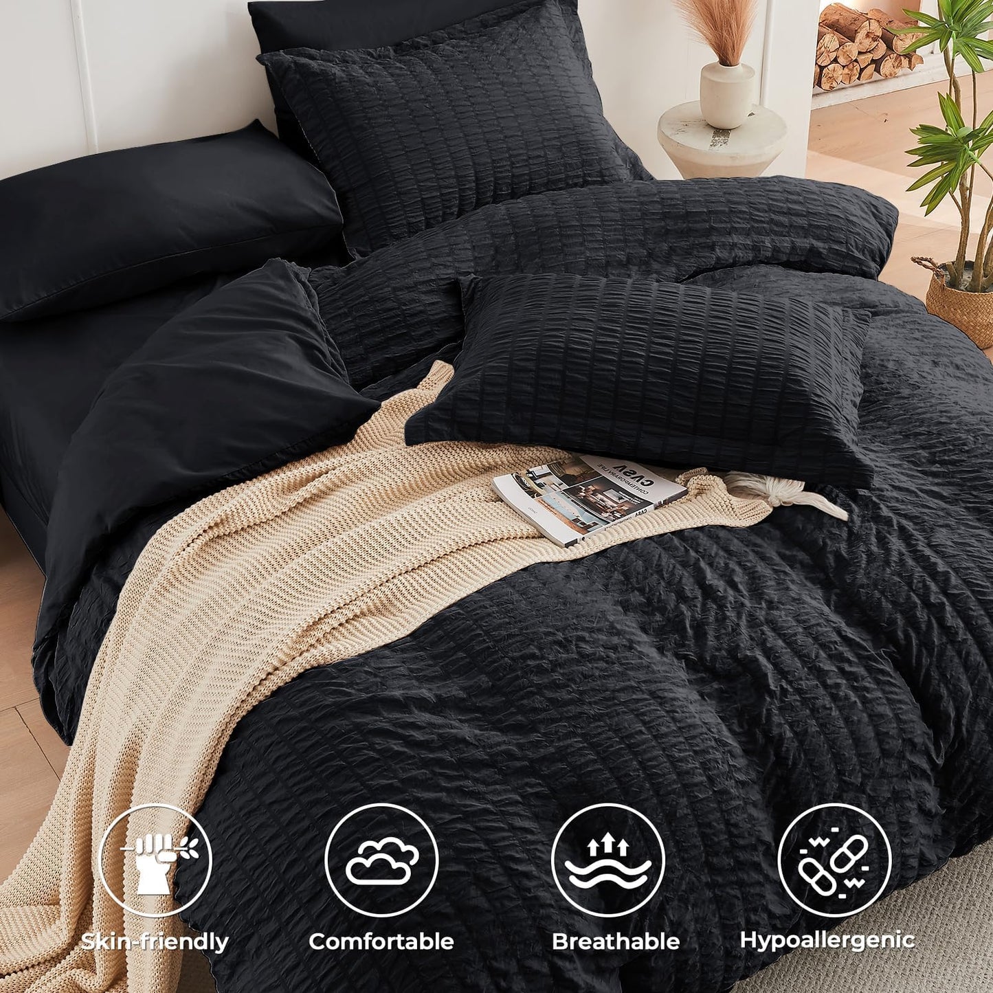 HYMOKEGE Black Oversized Queen Comforter Set Seersucker 7 Pieces, All Season Luxury Bed in a Bag for Bedroom, Bedding Set with Comforter, Sheets, Pillowcases & Shams