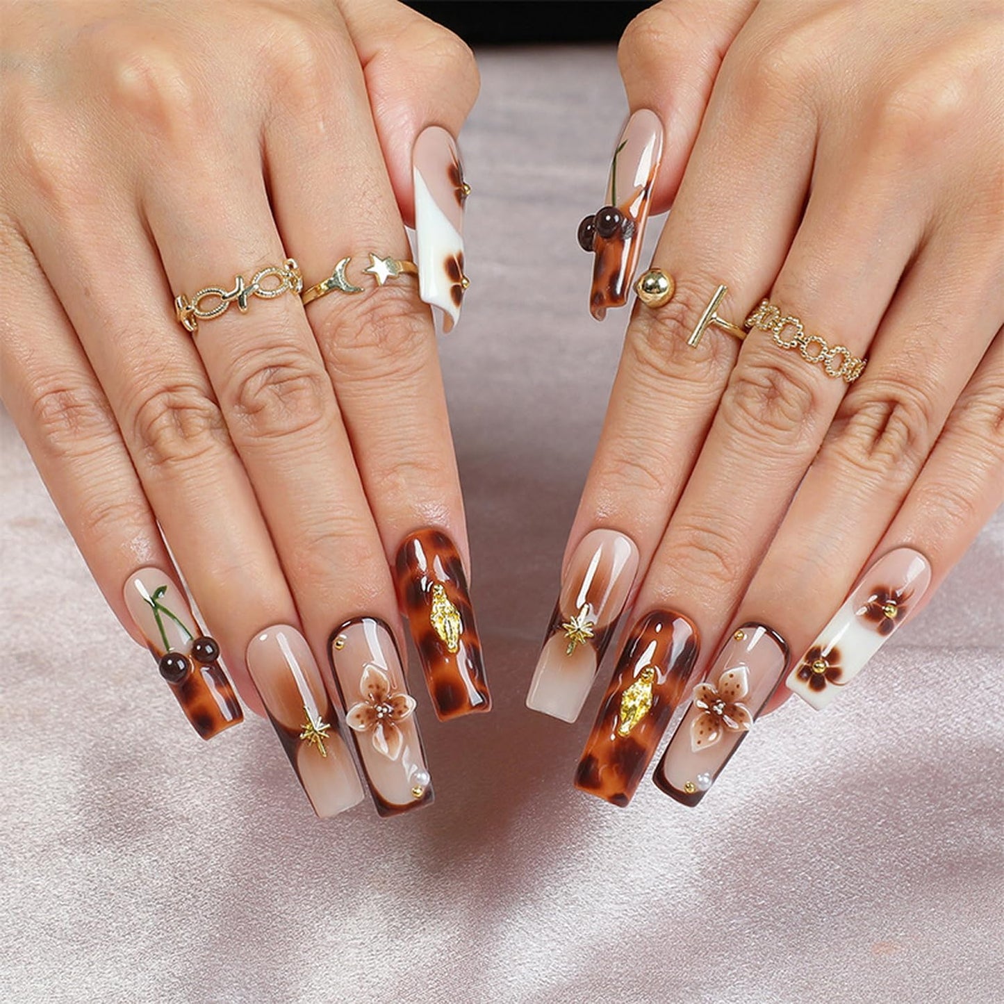 Brown French Tip Press on Nails Long Coffin Fake Nails Handmade Press on Nails 3D Luxury Flower and Cherry Embossed Designs Muti-Layer Gel Thick False Nails Glossy Acrylic Nails for Women (Size M)