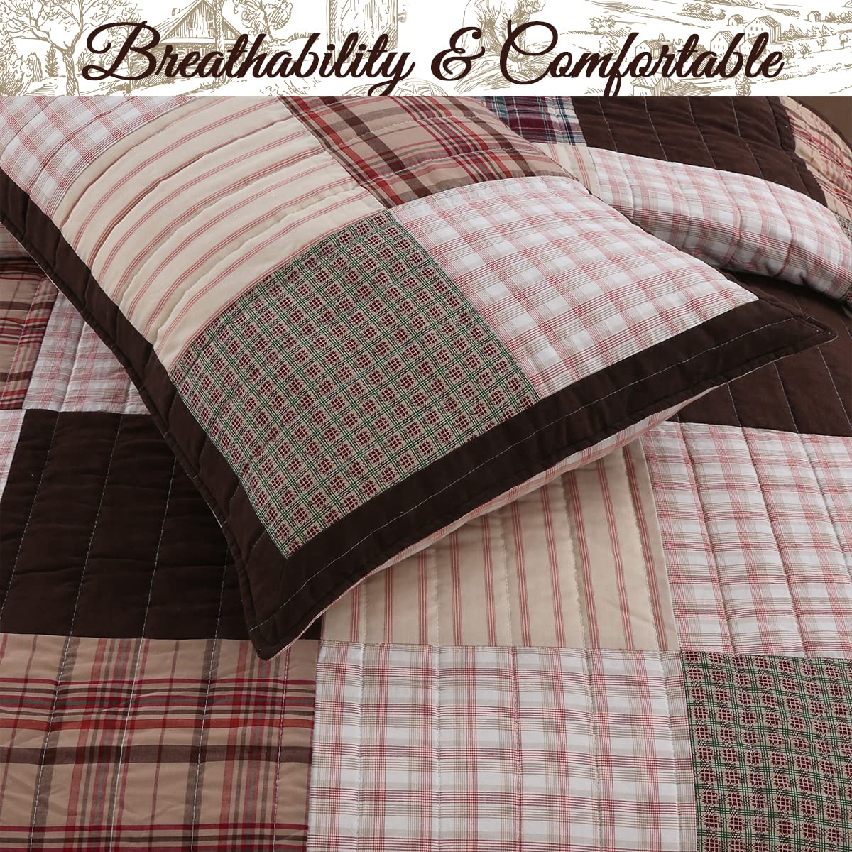 Cozy Line Home Fashions Hand Piecing Real Patchwork Brody Farmhouse Chocolate Plaid Striped Reversible Quilt Bedding Set, Coverlet Bedspread (Brown Grid, King - 3 piece)
