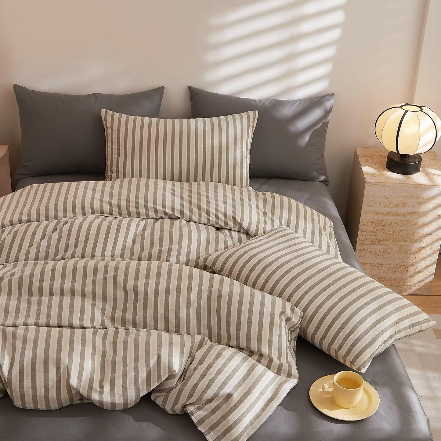 AMZTOP Soft Cotton King Size Duvet Cover Set 3 Pcs,1 Duvet Cover and 2 Pillowcases,100% Washed Cotton Grey Striped Design Bed Set,Zipper Closure Comforter Covers King Size 104"×90"