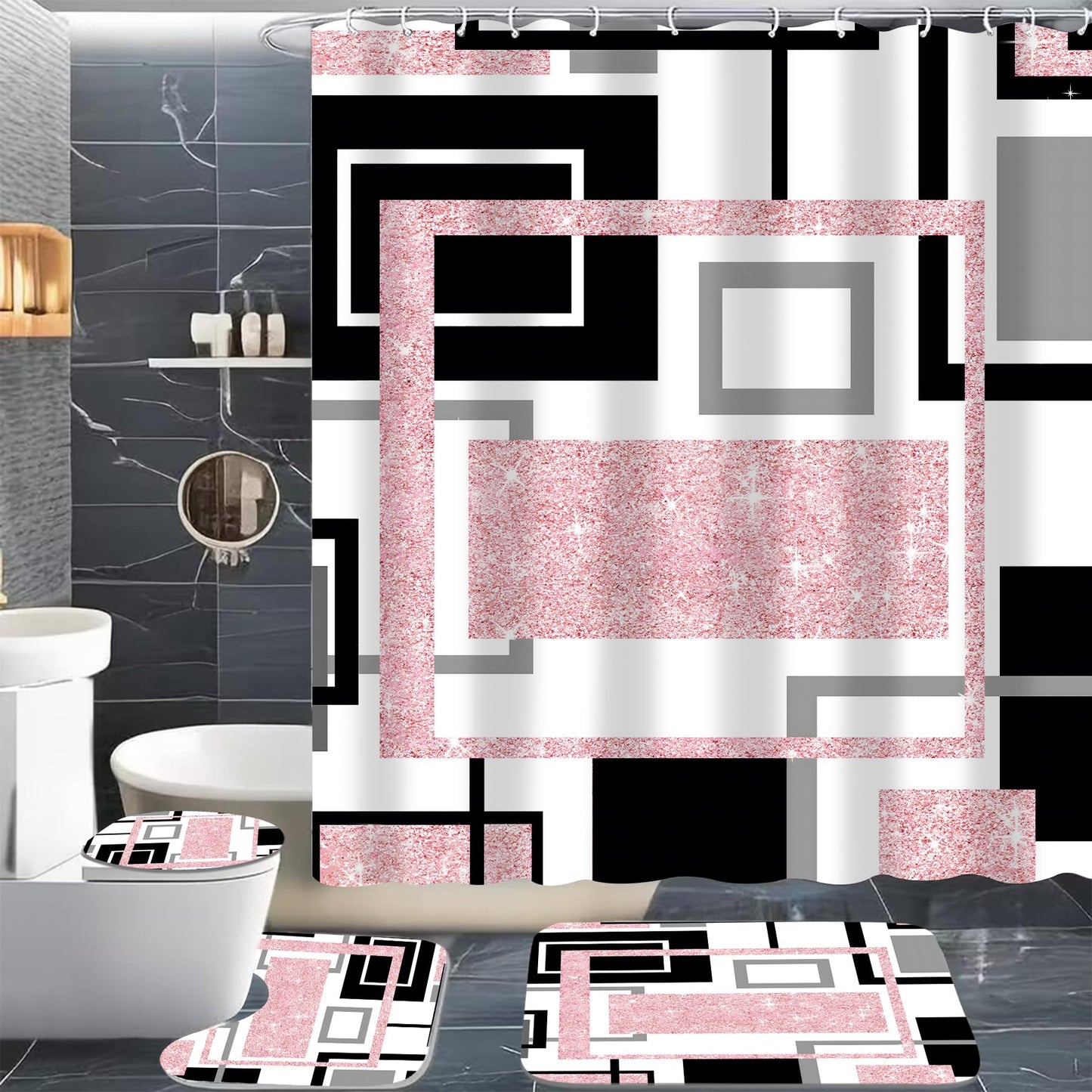 Yddsky 4 Pcs Pink Geometric Shower Curtain Sets Non-Slip Bath Rugs, Bathroom Accessories,Bathroom Sets with Shower Curtain and Rugs, Pink Geometric Modern Bathroom Decor with 12 Hooks