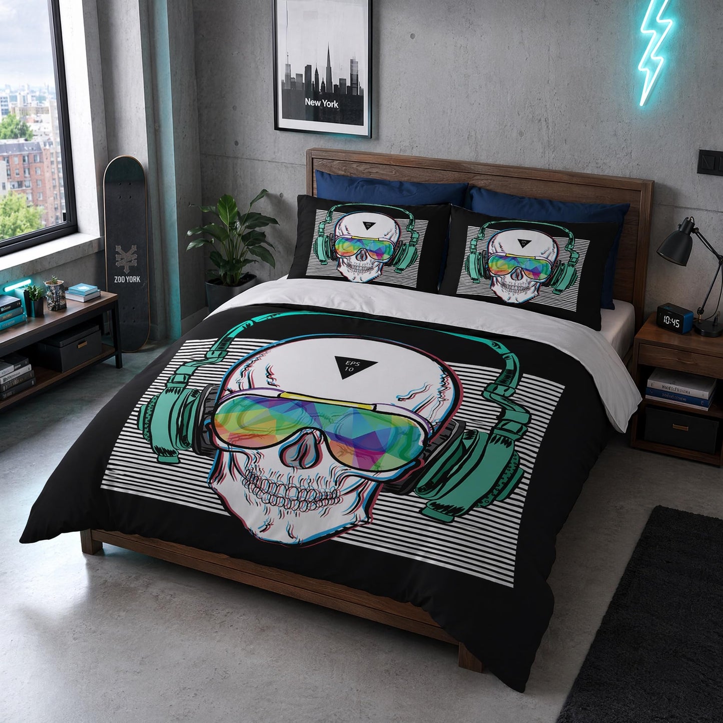 SHOMPE Music Skull Comforter Sets Full Size Boys Girls Punk Rocker Skeleton Printed Soft Warm Bedding for All Season