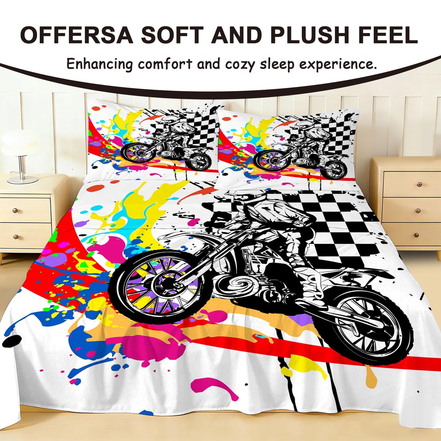 VTKON Motocross Fitted Sheet Set Twin Size Dirt Bike Bed Set for Boys Teens Graffiti Style Motorcycle Rider Sheets Black White Checkered Bed Cover with 1 Flat Sheet, 1 Fitted Sheet + 1 Pillowcase