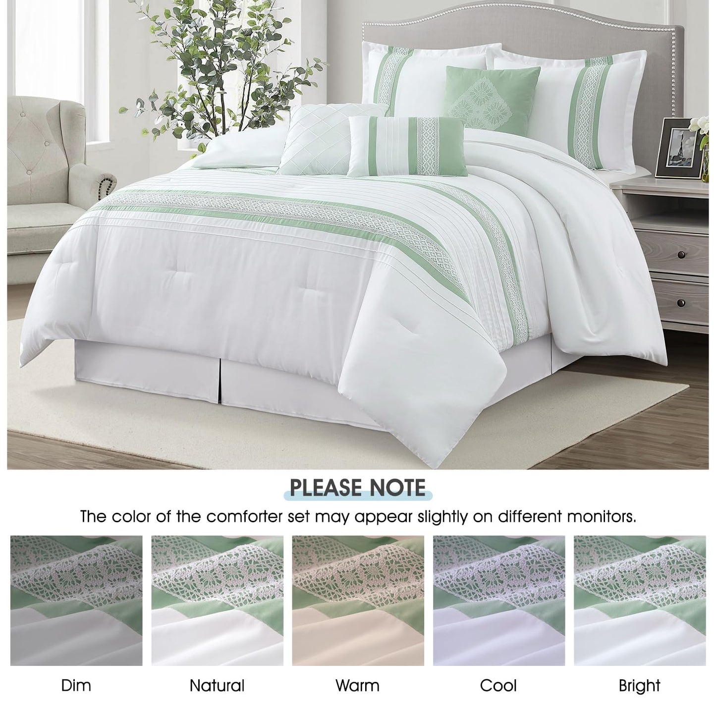 LANCO MODERN LIFESTYLE 7 Piece Comforter Set, Sage White, Queen Size, Boho Style Geometric Microfiber Embroidery, Bed in a Bag with Bedskirt, Pillow Shams and Decor Pillows