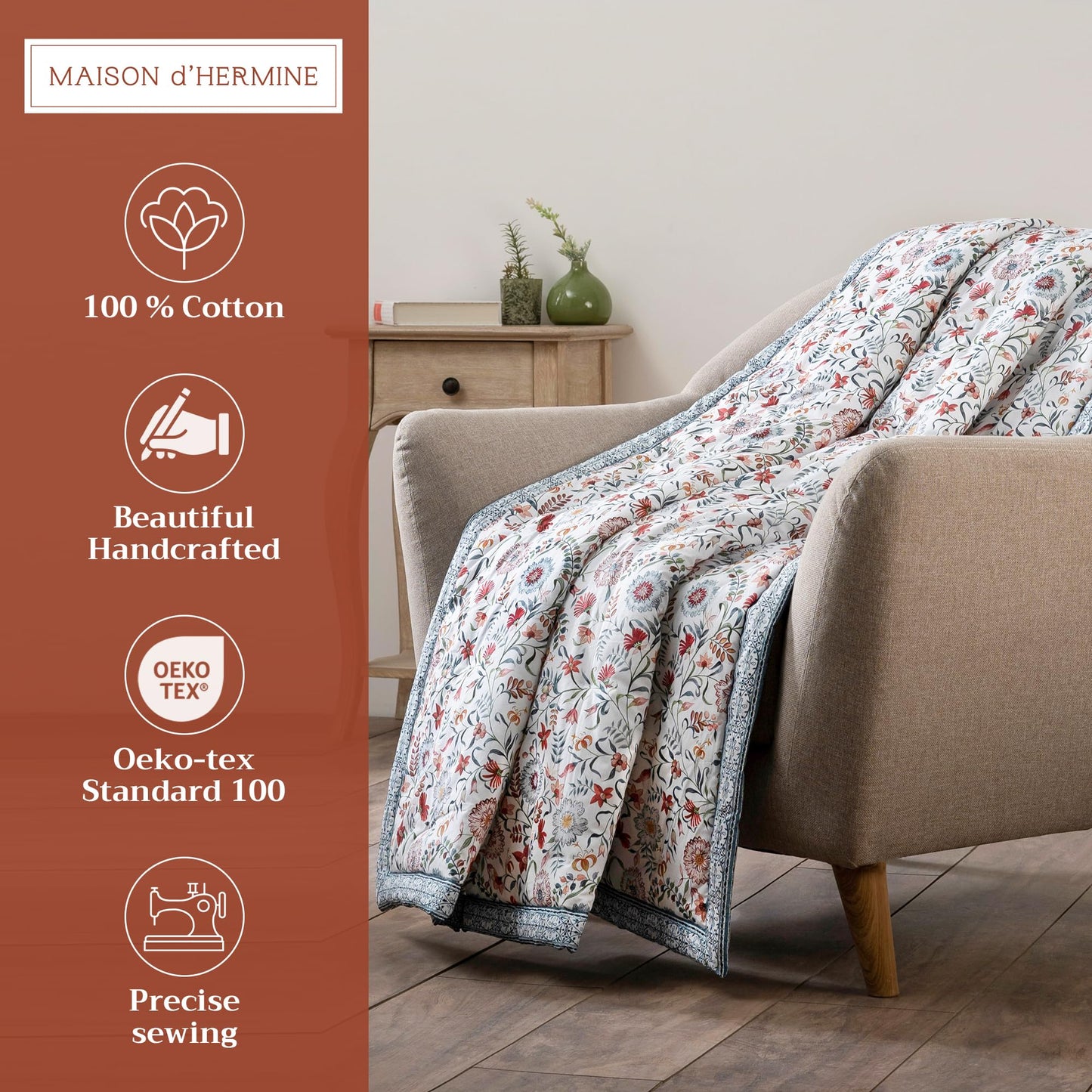 Maison d' Hermine Throw Blanket for Couch Lightweight Soft Warm Breathable Cotton Throw Blankets for Bed Girls Boys Women Men Gifts Sofa Travel Living Room Spring Summer (Nellore, 60" X 80")