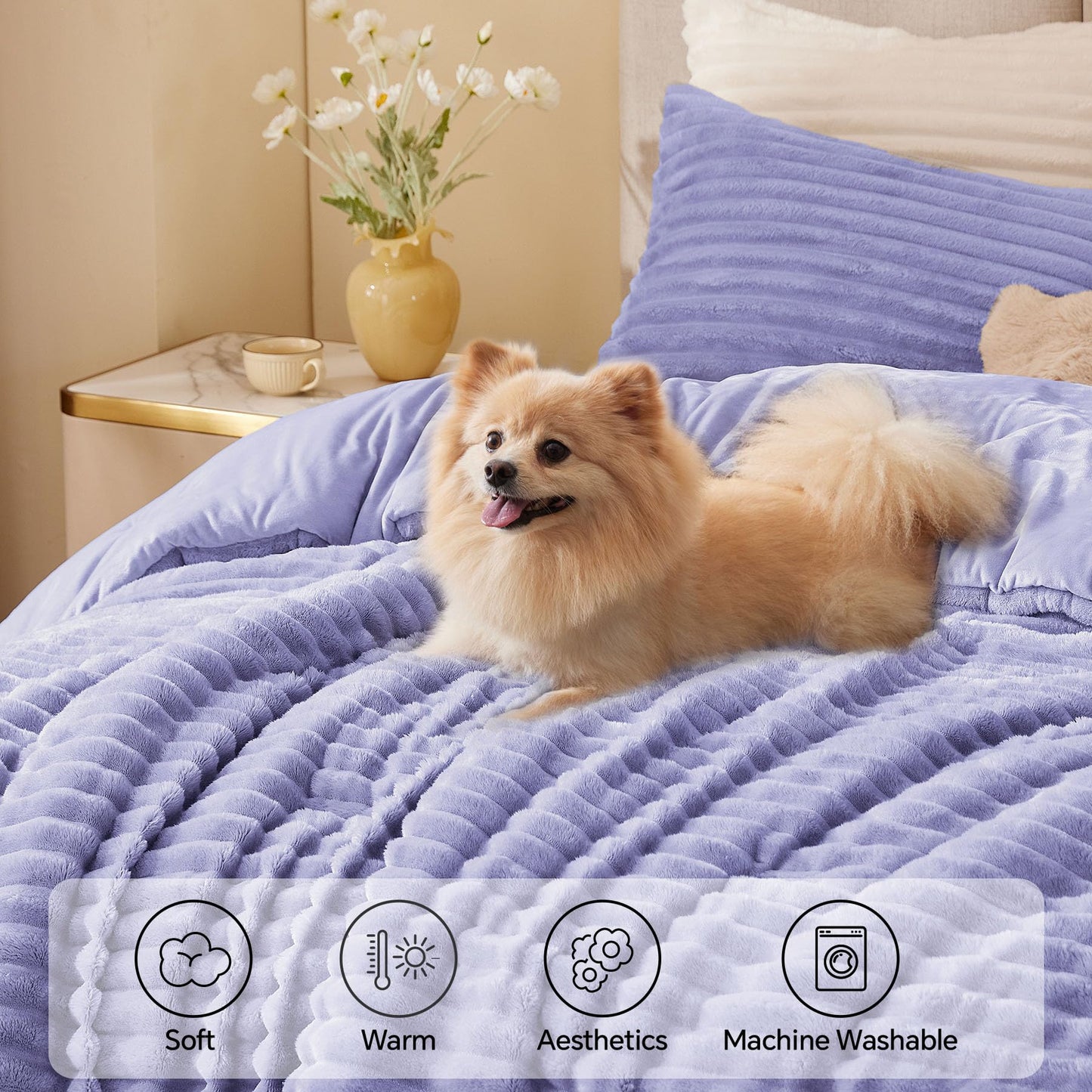 BEDELITE Fleece Queen Comforter Set -Super Soft & Warm Fluffy Lavender Bedding, Luxury Fuzzy Heavy Bed Set for All Season with 2 Pillow Cases