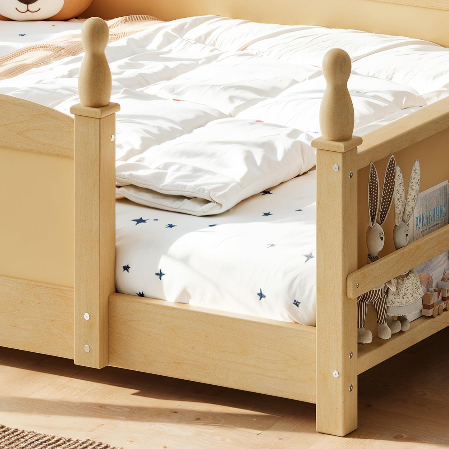 KEIKI Full Size Wood Montessori Floor Bed Frame with Beside Book Shelf, for Girls and Boys, Floor Bed with Full-Length Guardrails & Slats, Easy Assembly, No Box Spring Required, for Bedroom, Natural