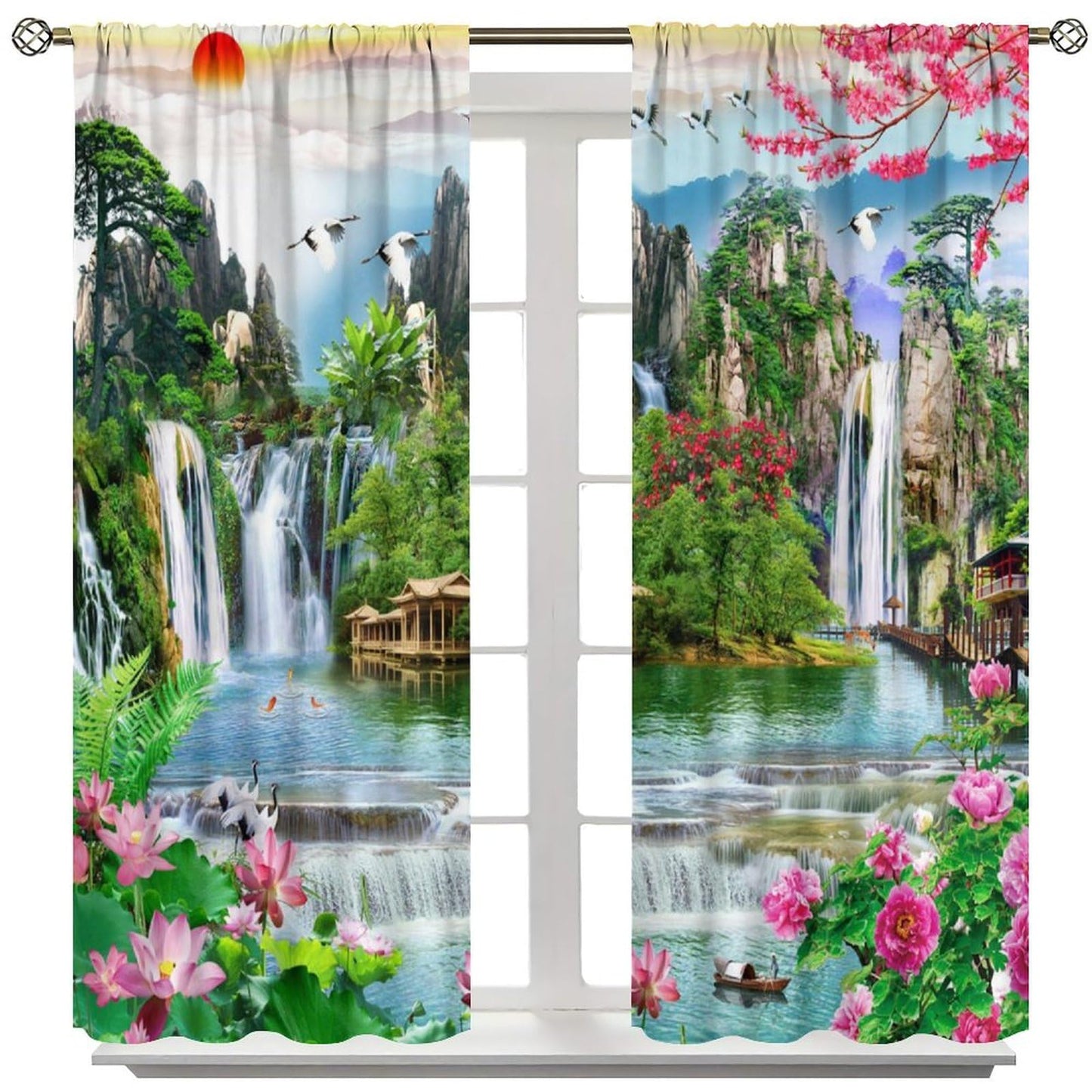 Forest Waterfall Curtains Spring Summer Jungle Scenery Art Printed Blackout Window Drapes for Bedroom Living Room Decor Fabric Set 2 Panel 42x45 Inch 80% Shading Rate
