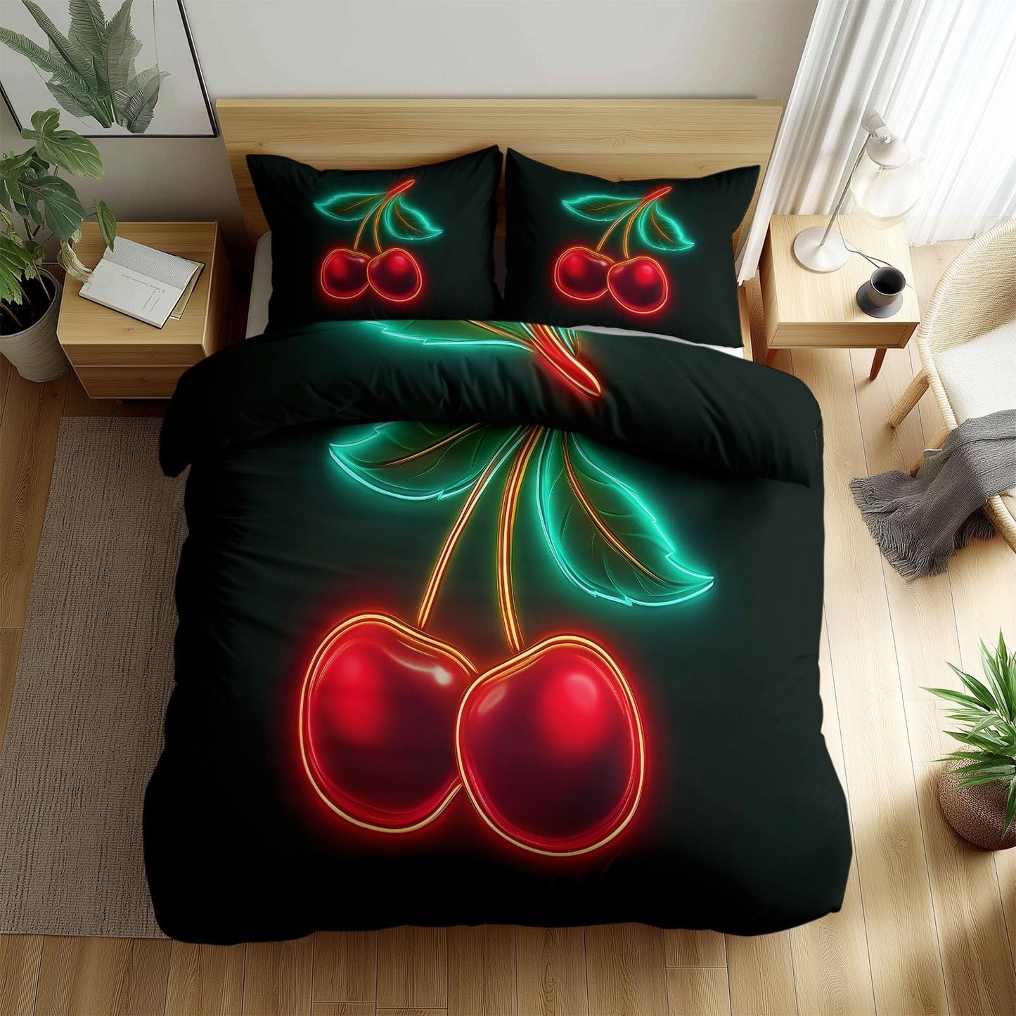 Super Soft Digital Art Duvet Cover Set Twin Size, Neon Futuristic Cherries Bedding for Kids Boys Girls Teens - Breathable and Anti-Allergic Soft Comforter Cover 2 Pillow Shams