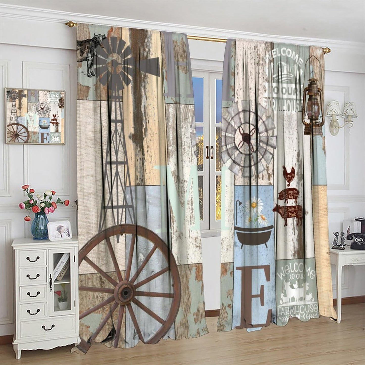 wlsgdsg Rustic Curtains,Retro Rustic Farmhouse Animal Barn Door Windmill Daisy Window Treatments Curtains Cafe Bedroom Office Dining Room Living Room Kitchen Drapes, 42x45 in