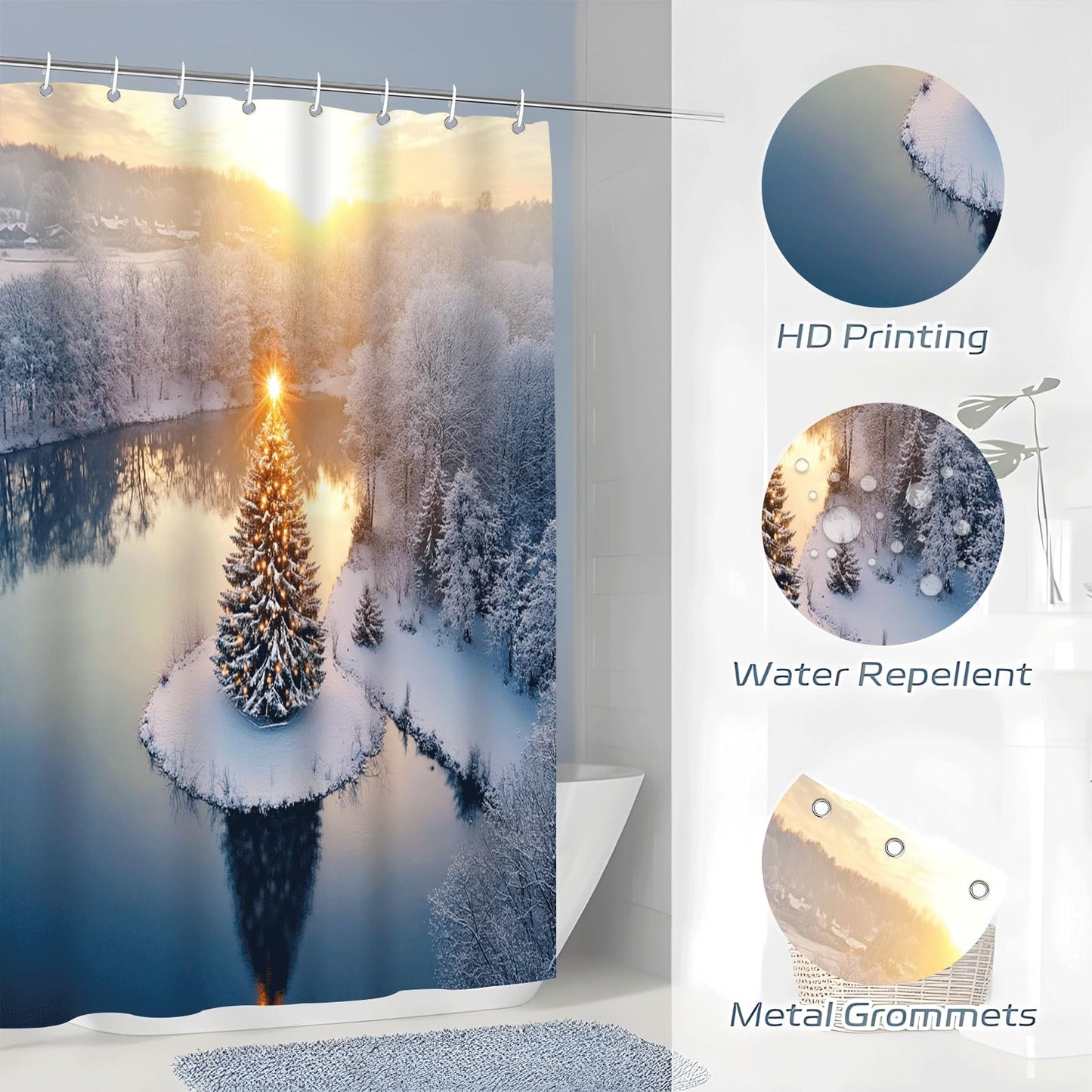 ZROLUW Christmas Snow Scene Shower Curtain,48" W x 72" L Shower Curtains for Bathroom, Fabric Bath Curtain Sets Decor with Hooks