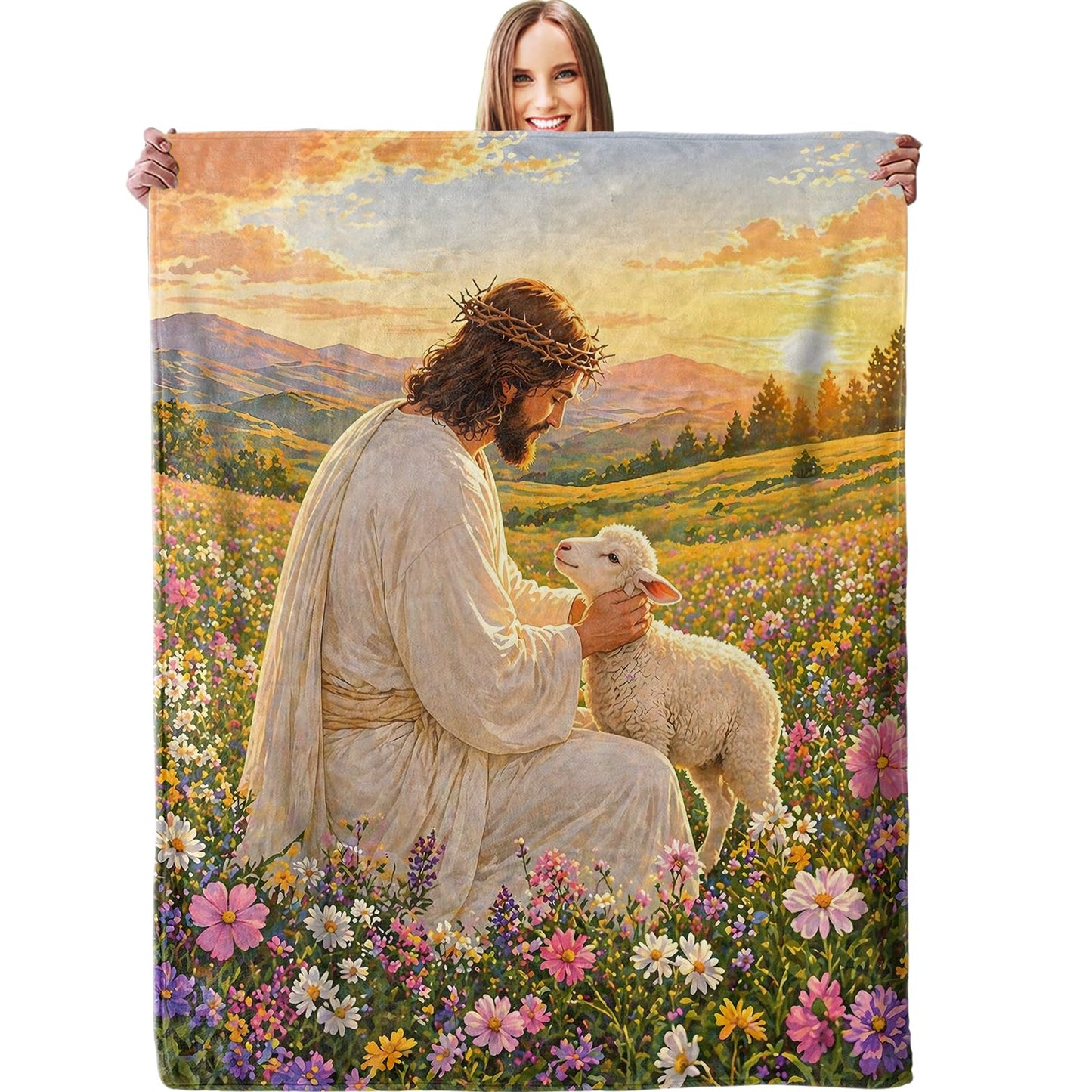 dhakalrlde Jesus with Lamb Blanket, Peaceful Faith Spiritual Meadow Scene Throw Blanket Gifts for Christian Women, Lightweight Warm Cozy 60×50 inch Inspirational Flannel for Couch, Bed, Decor