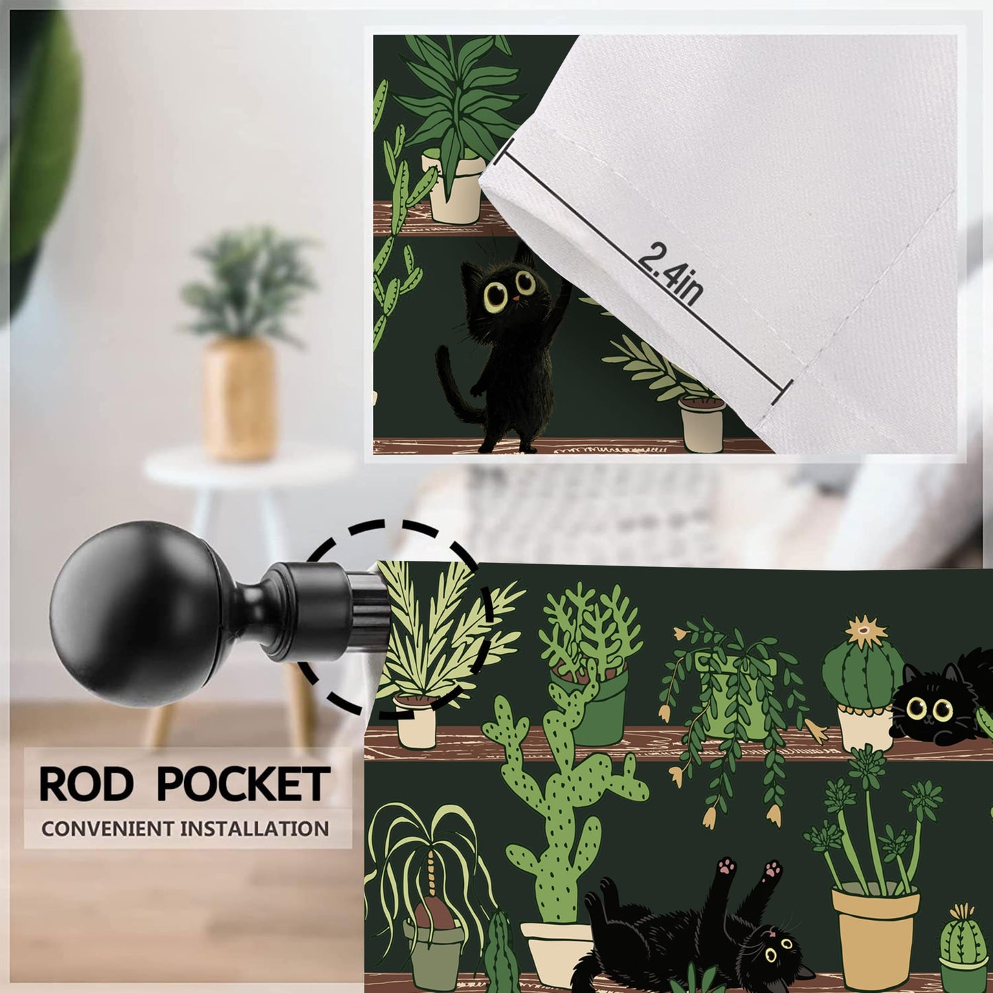 Worltoldb Black Cat Cactus Kitchen Curtains Cafe Curtains for Bathroom Dining Room Living Room Pocket Window Drapes 2 Panels Set 28"x36"