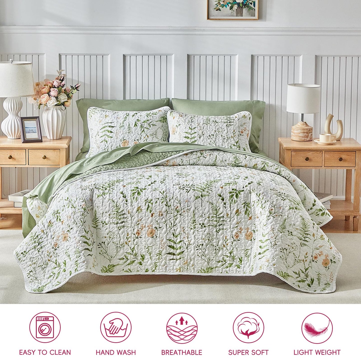 Floral Quilt Set 3 Piece Flower Quilt Sets Queen Size - Reversible Microfiber Quilt with 2 Shams Soft Breathable Botanical Bedding Spring Bedspread Coverlet Summer Comforter All Season Orange Green