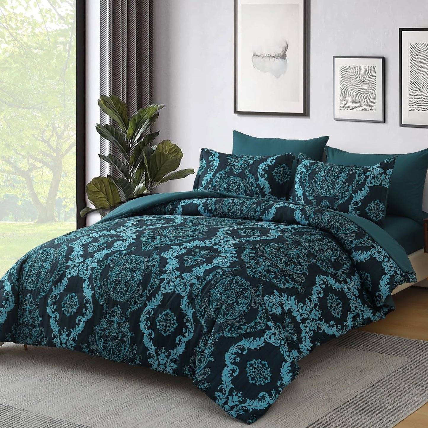 WONGS BEDDING 7 Piece Queen Comforter Set, Teal Texture Breathable Microfiber Comforter Bedding Set for All Season, Damask Bed in a Bag with Comforter, Flat Sheet, Fitted Sheet, Pillowcases & Shams