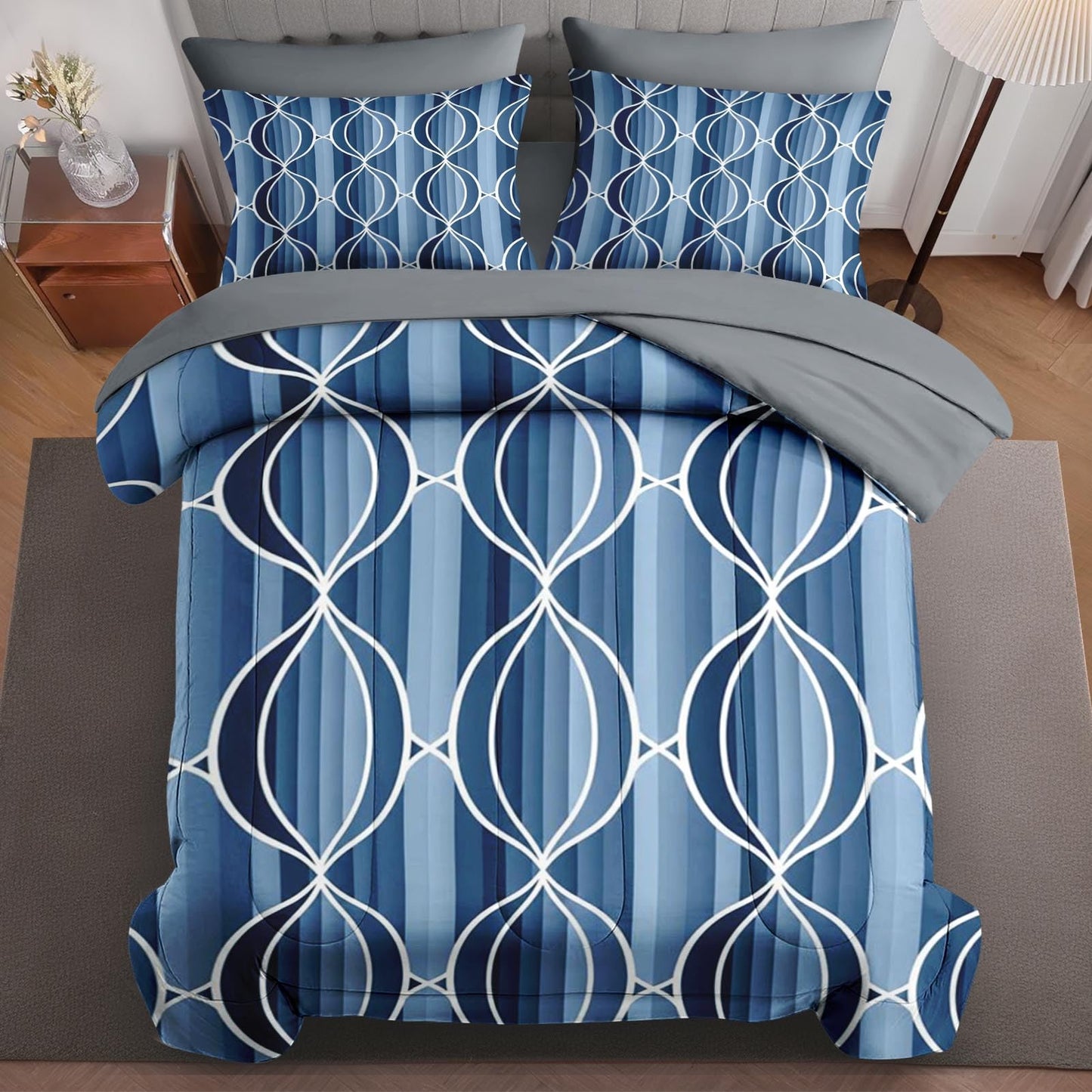 Boewywh Comforter Set Twin Size Geometric Blue Abstract 7 Pcs, Bedding for Kids and Adults, Modern Striped Bed Sheet Sets with Fitted Sheet 2 Pillowcases & 2 Shams for Bedroom Bed Decor