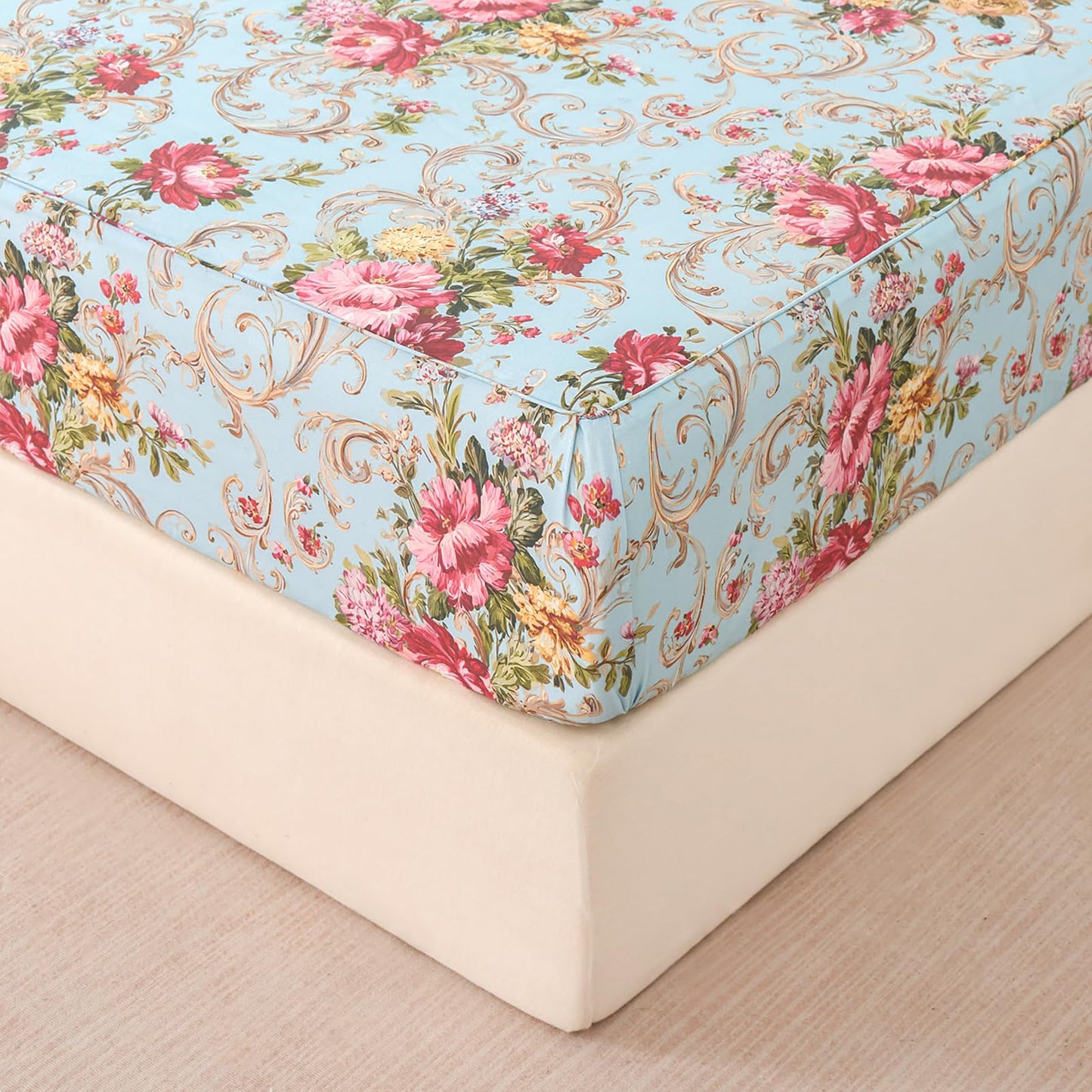 Zusbest Queen Sheet Set Blue Red Floral Bed Sheets 100% Cotton, Luxury Premium Bedding Breathable for Hot Sleepers American Country Style Shabby Vintage Flower Deep Pocket Bed Set 17.5‘’ 4Pcs