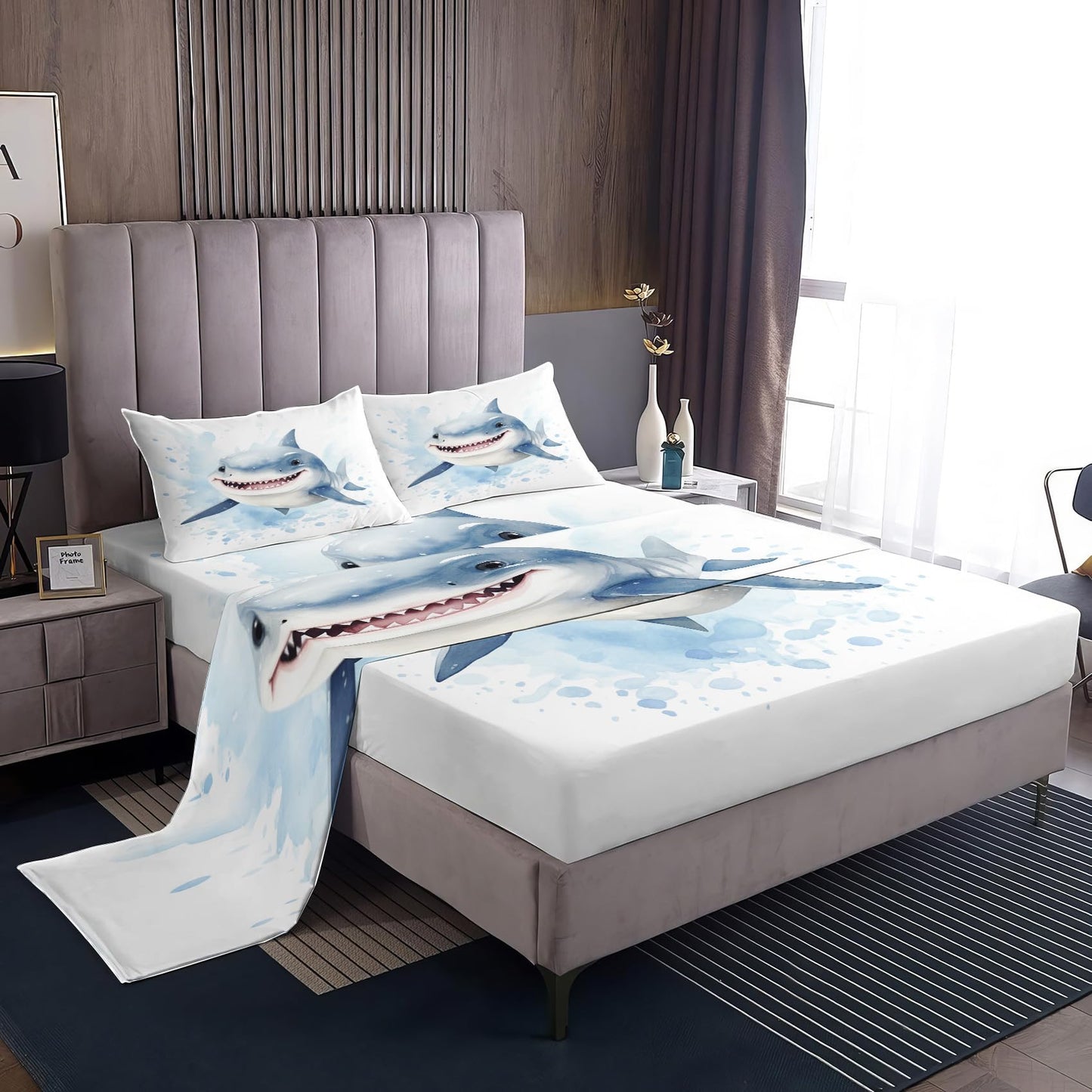 Rejkxyw King Size Sheets Set Blue Shark - Cartoon Bed Sheets - Kids Boys Sheet Set - 12 Inch Deep Pocket - Ultra Soft Winkle Free Microfiber Bedding Sheets & Pillowcases 4 Piece
