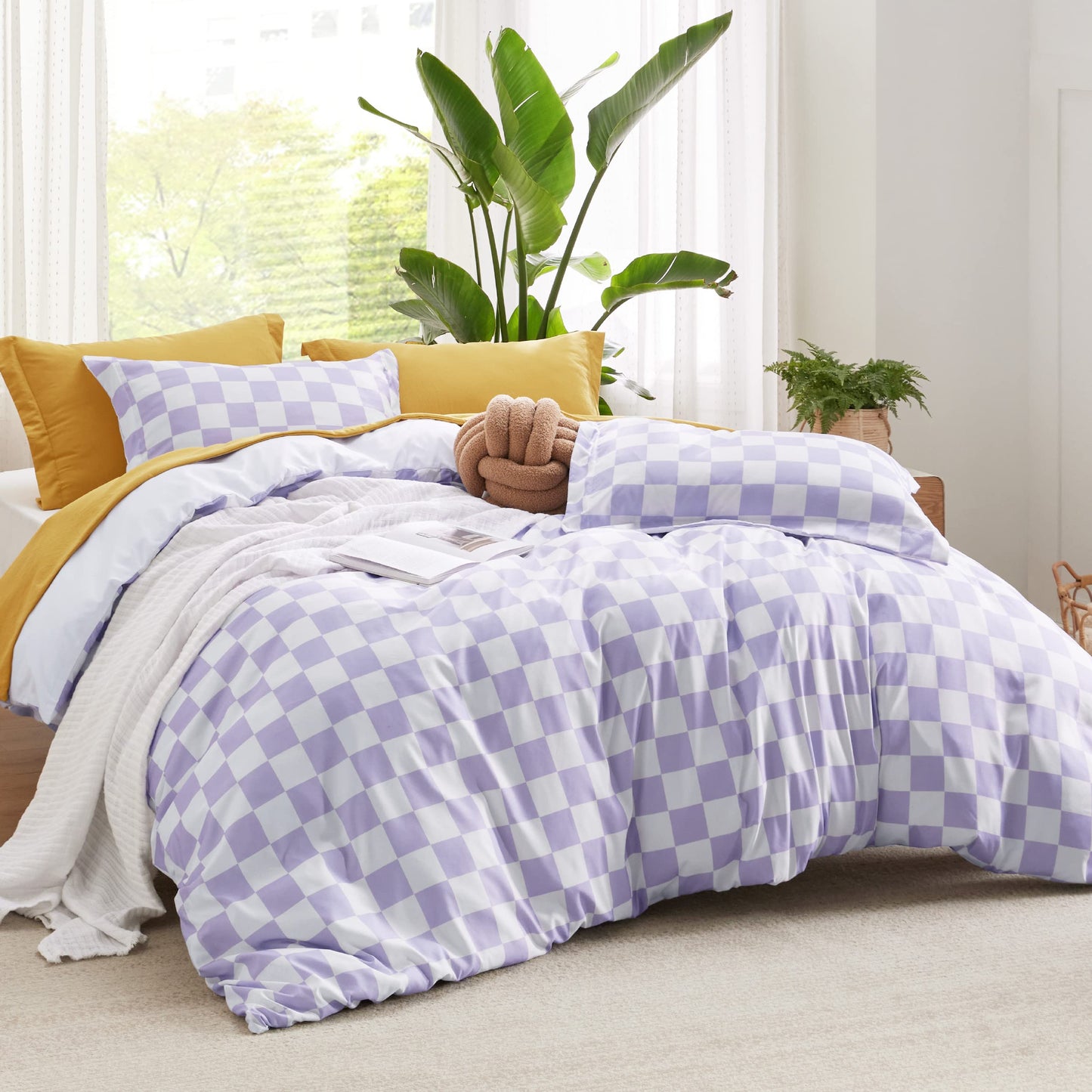 Bedsure Duvet Cover King Size - Reversible Checked Plaid Duvet Cover Set with Zipper Closure, 3 Pieces Purple Bedding Set with 8 Corner Ties and 2 Pillow Shams 20"x36"