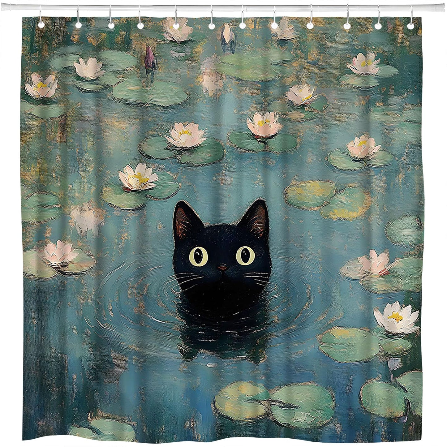 ZFMRZF Black Cat Shower Curtain, Waterlily Pond Oil Painting Style, Cute Kitten Bathroom Decor Polyester Curtains Set with Hooks 70x70 Inch