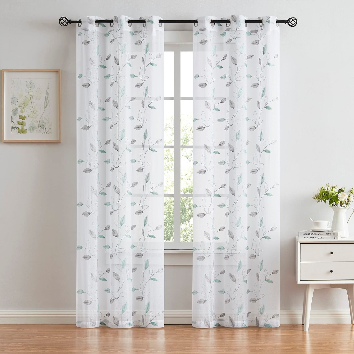 Bujasso Embroidered Leaf Sheer Curtains Floral Farmhouse Light Filtering Window Panels Botanical Patterned Drapes for Living Room Bedroom Grommet Top, Gray Teal 38" Wx84 Lx2