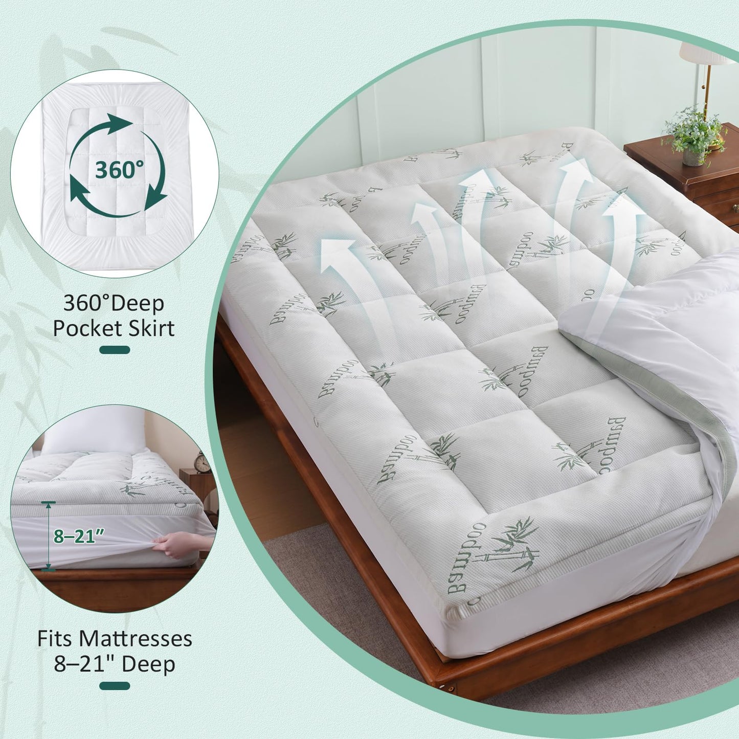 DOWNCOOL Memory Foam Mattress Topper King, Pillow Top Mattress Pad for Back Pain Relief, Viscose Derived from Bamboo, Deep Pocket Fits 8–21 Inch