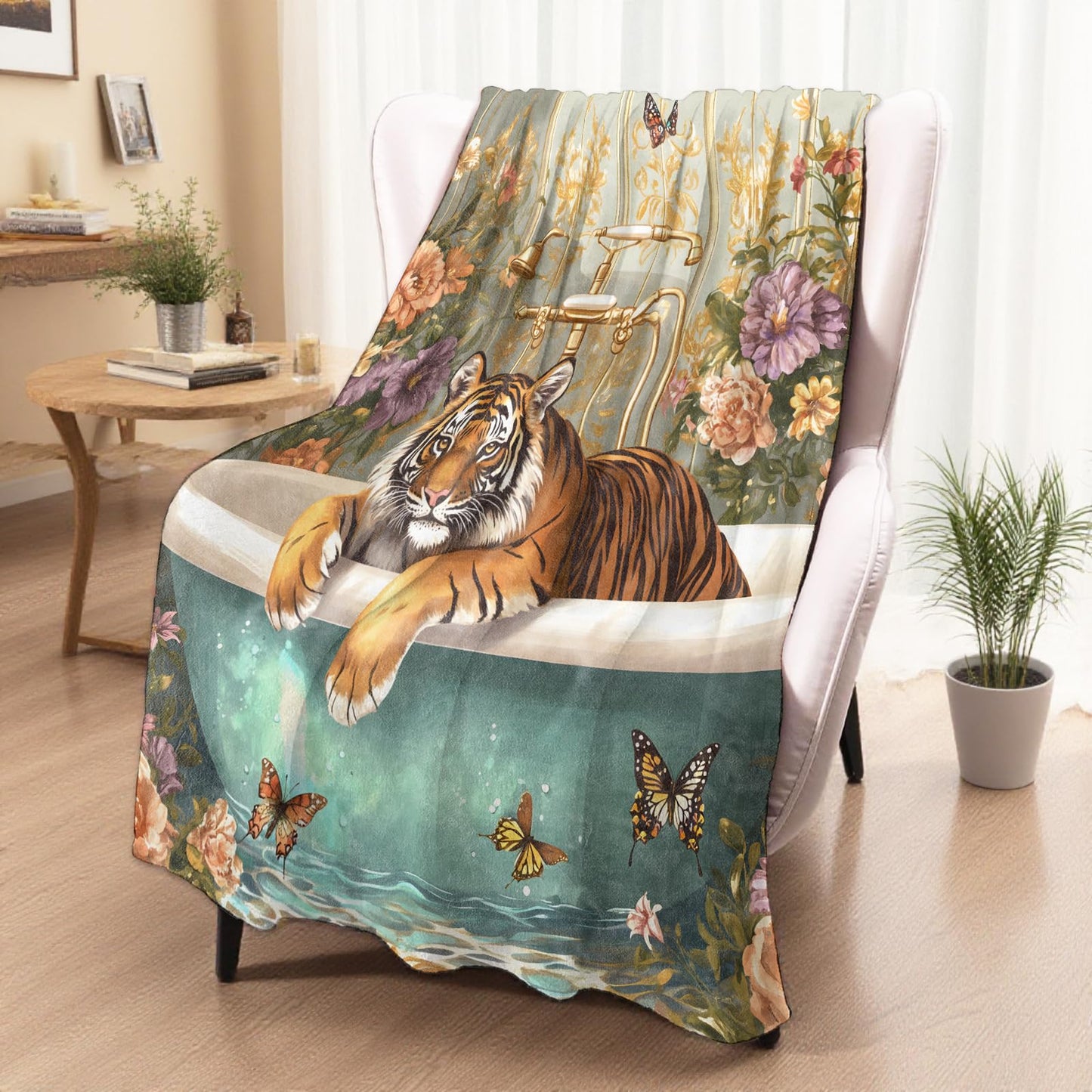 xmwjfd Relaxing Tiger in Bathtub Blanket, Cozy Plush Butterflies & Flowers Throw Blanket for Couch Bedroom Outdoor, Lightweight Soft Flannel Travel Blankets, Gifts for Women Kids, Warm Decor 50"×60"
