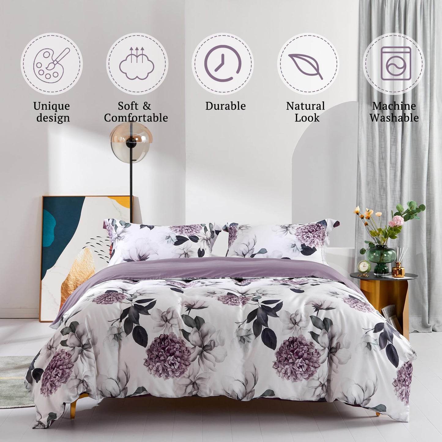 MILDLY 100% Long-Staple Cotton Duvet Cover Set Hydrangea Lotus Flower Pattern Printed Comforter Cover 3pcs, Ultra Soft & Breathable Bedding Set