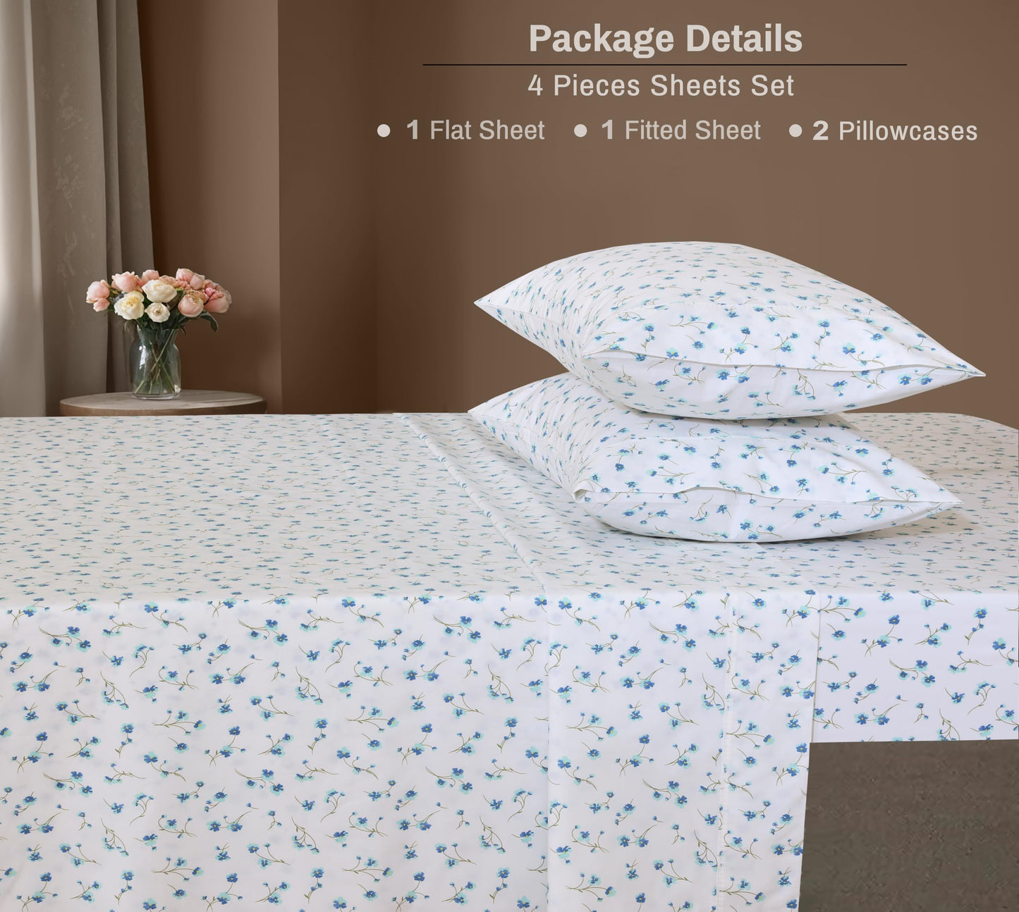 ZOYER 100% Cotton Percale Sheets Queen – Cooling Breathable Bed Sheets for Hot Sleepers, Crisp Hotel Style Bedding, Deep Pocket 16”, Lightweight Soft Durable 4 Pcs Sheet Set, La Laa Flower