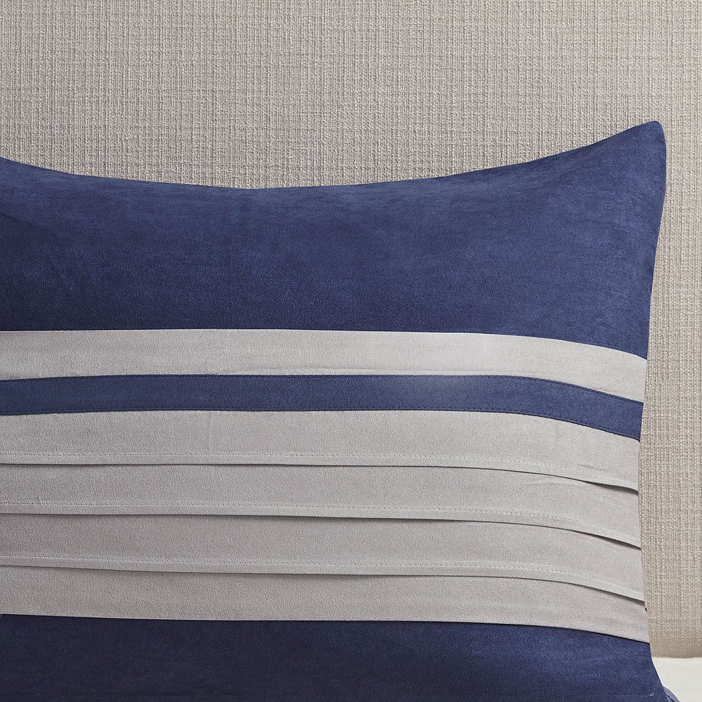 Madison Park Palmer Comforter Set-Luxury Faux Suede Design, Striped Accent, All Season Down Alternative Bedding, Matching Shams, Decorative Pillow, Bed Skirt, Queen (90 in x 90 in), Blue 7 Piece
