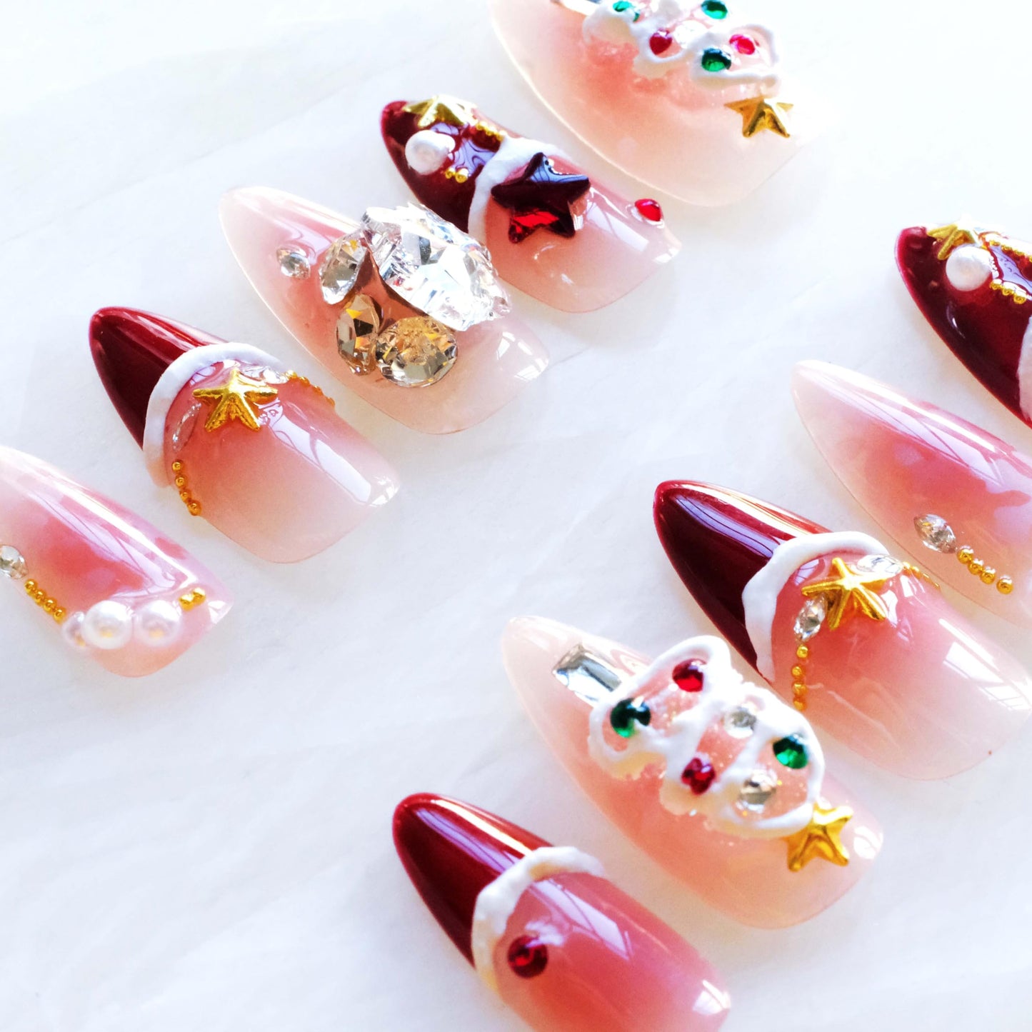 GLORS Christmas Press-on Nails, Medium Length Almond Shape, 3D Design with Snowflakes and Trees, Red and Pink, 10 Pieces (Medium, Almond)