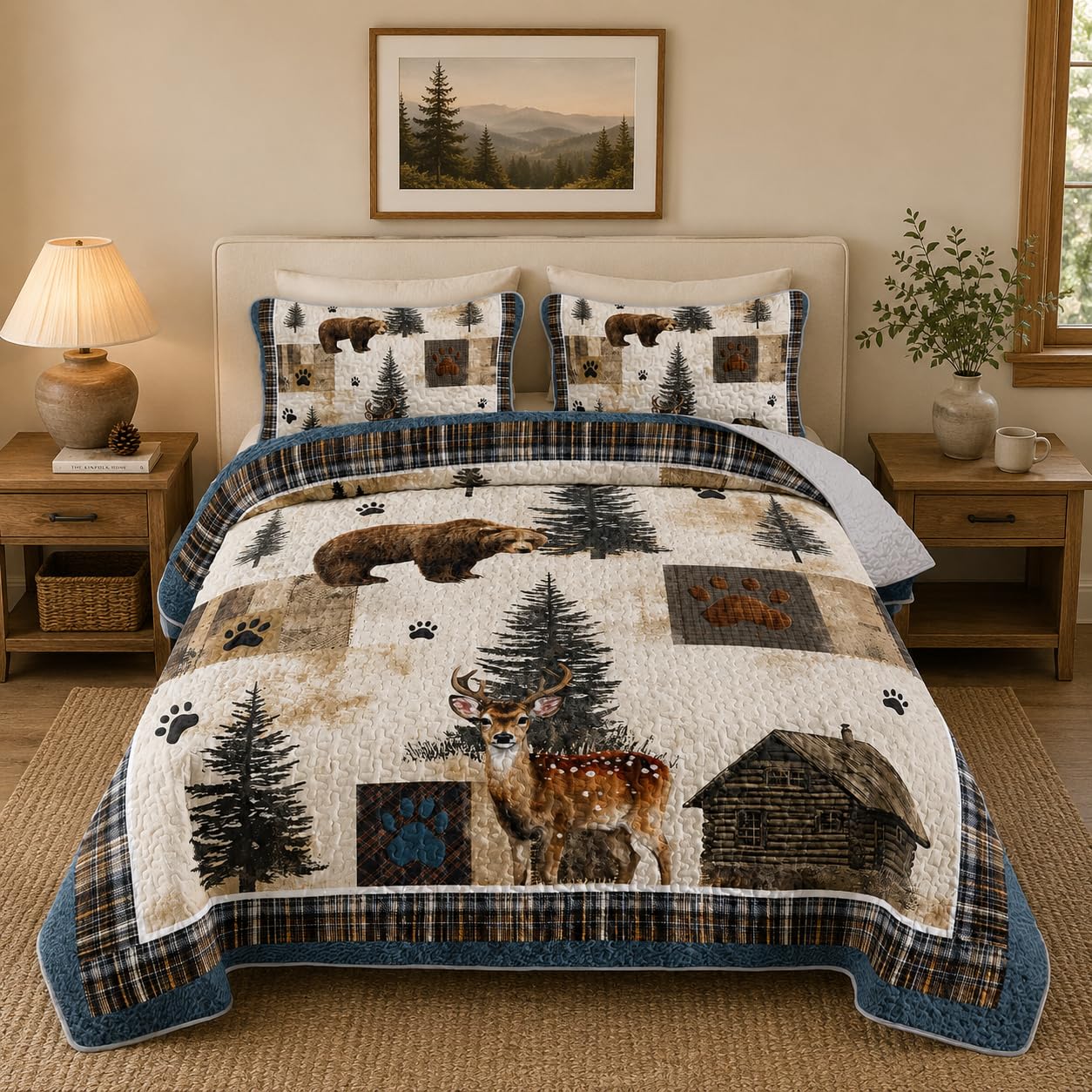 Tuzaovy Bear Deer Quilt Set Queen Size,Rustic Animal Bear Paw Printed Bed Cover Set for Boys Girls Room Decor,Rustic Farmhouse Quilt Bedding,Country Woodland Pine Tree Bedspread Bedroom Decor