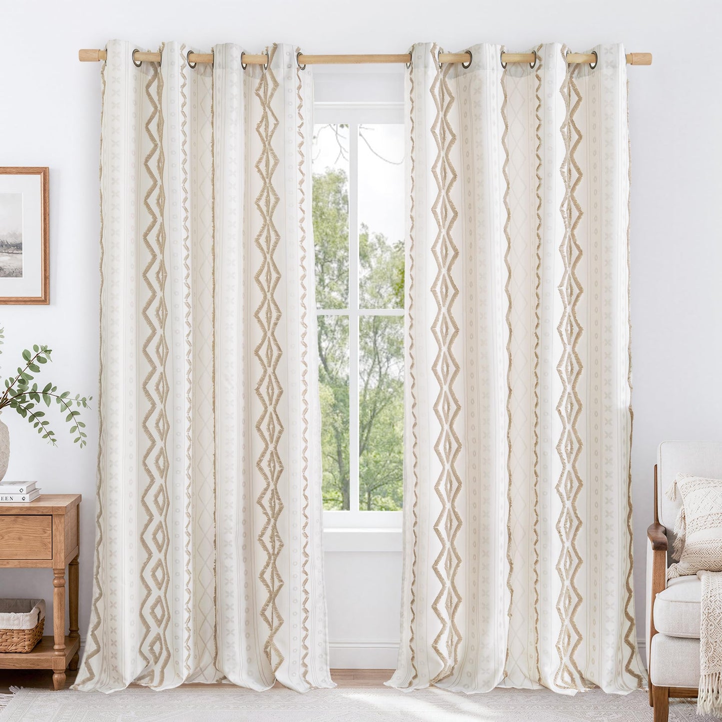 BGment Jacquard Boho Linen Curtains for Living Room 2 Panels, Botanical Tufted Pom Stripe Geometric Pattern Drapes for Farmhouse Bedroom Light Filtering, 52 X 84 Inch