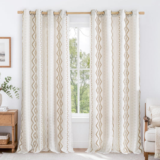 BGment Jacquard Boho Linen Curtains for Living Room 2 Panels, Botanical Tufted Pom Stripe Geometric Pattern Drapes for Farmhouse Bedroom Light Filtering, 52 X 84 Inch