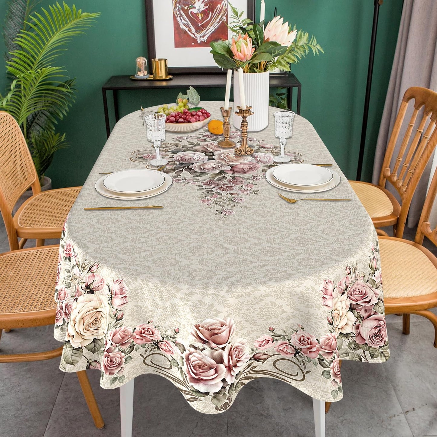 Faptoena Oval Floral Tablecloth 60×84 inch Rose Gold Table Cloth Modern Minimalist Style Decorations for Dining Room Coffee Table Outdoor Picnic